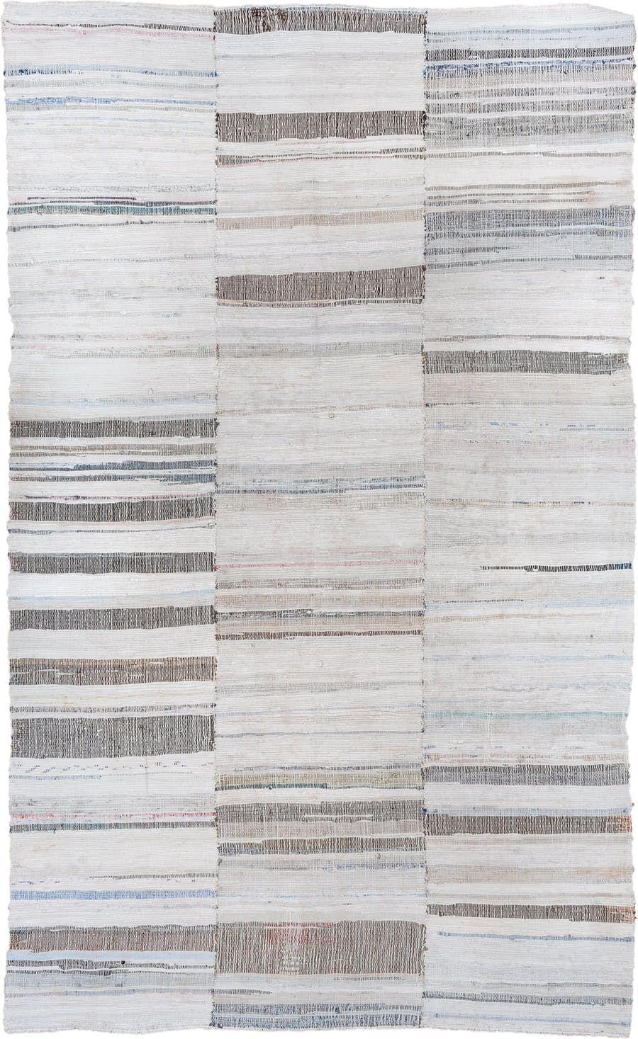 6' x 9' one-of-a-kind handmade vintage Rag Rug medium size rug. Color palette: ivory, cream, taupe, gray, pale blue, beige