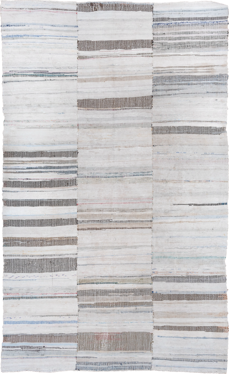 6' x 9' one-of-a-kind handmade vintage Rag Rug medium size rug. Color palette: blue, dark gray, dim gray, gainsboro, gray