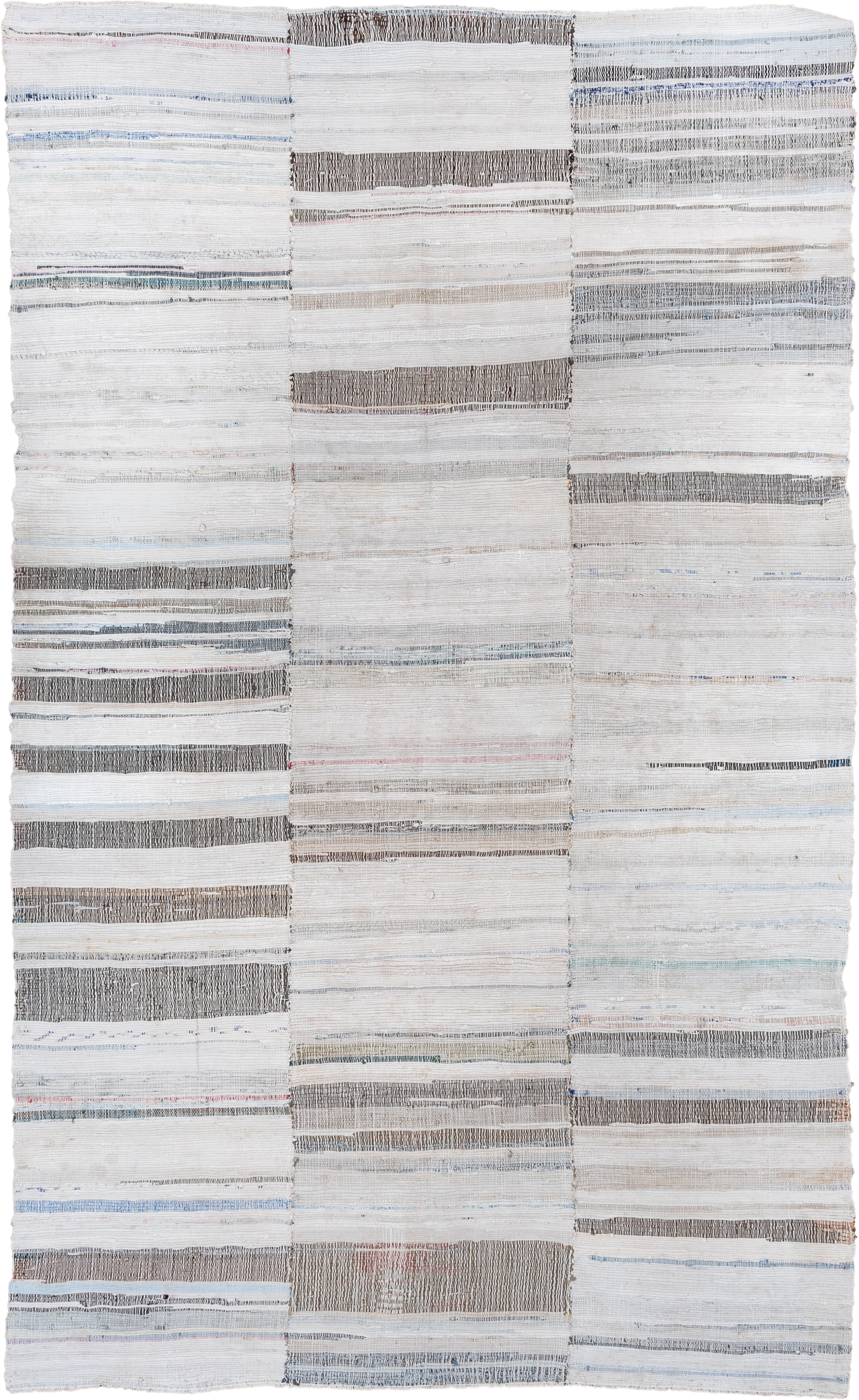 6' x 9' one-of-a-kind handmade vintage Rag Rug medium size rug. Color palette: ivory, cream, taupe, gray, pale blue, beige
