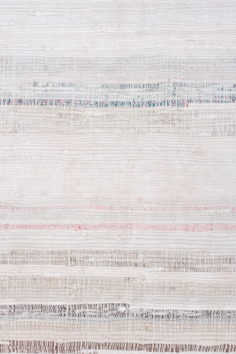 6' x 9' one-of-a-kind handmade vintage Rag Rug medium size rug. Color palette: ivory, cream, taupe, gray, pale blue, beige