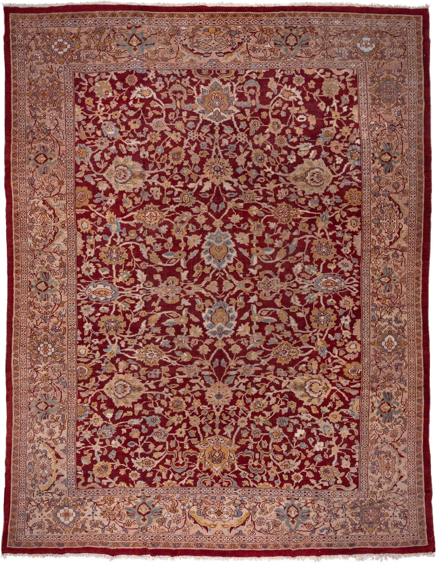 13' x 17' one-of-a-kind handmade antique Sultanabad oversize rug. Color palette: burgundy, ivory, camel, gold, powder_blue