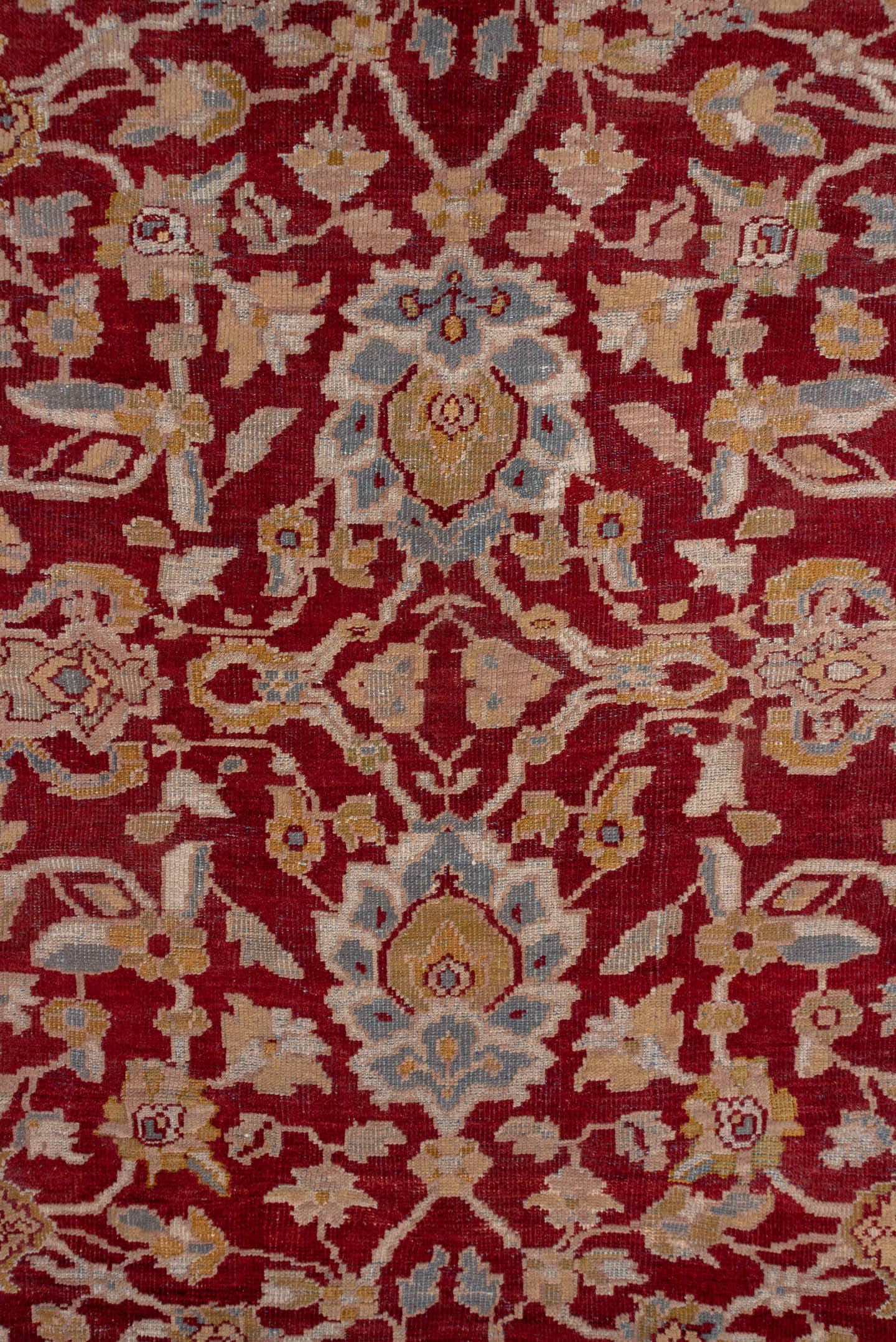 13' x 17' one-of-a-kind handmade antique Sultanabad oversize rug. Color palette: burgundy, ivory, camel, gold, powder_blue