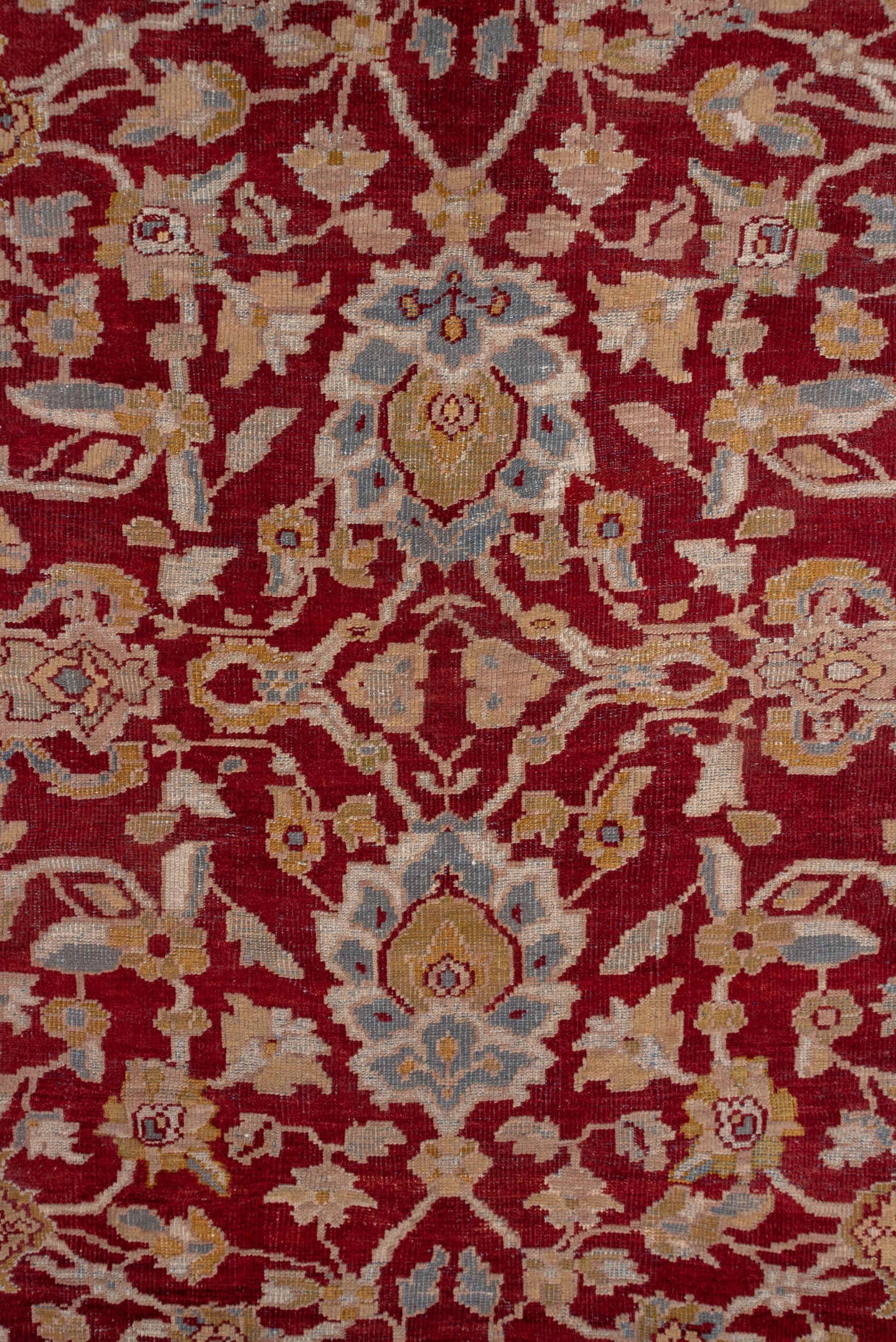 13' x 17' one-of-a-kind handmade antique Sultanabad oversize rug. Color palette: burgundy, ivory, camel, gold, powder_blue