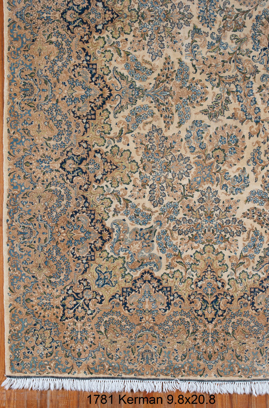 9' x 20' one-of-a-kind handmade vintage Kerman rug. Color palette: ivory, beige, sky_blue, navy, taupe, sage, light blue