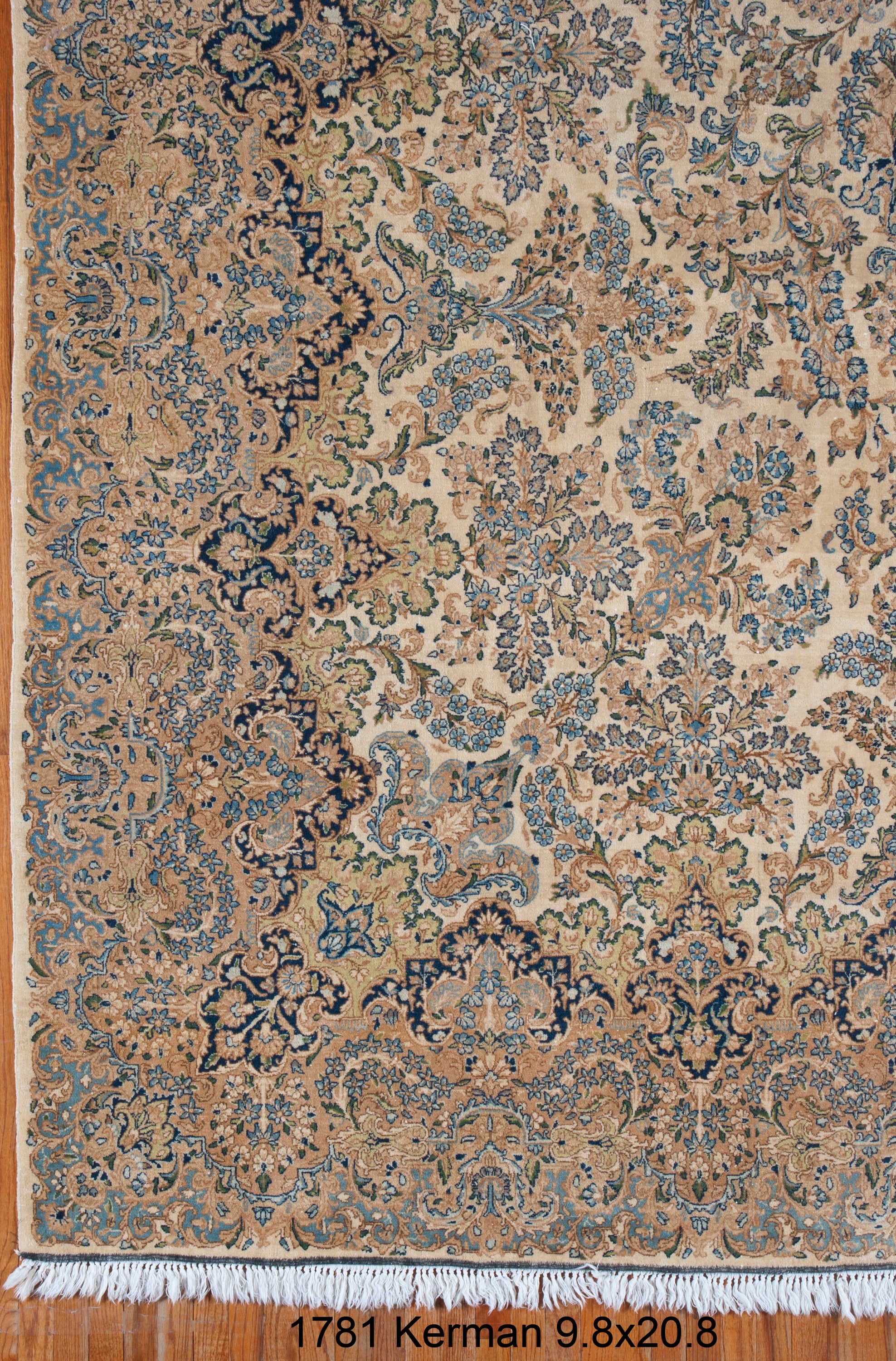 9' x 20' one-of-a-kind handmade vintage Kerman rug. Color palette: ivory, beige, sky_blue, navy, taupe, sage, light blue