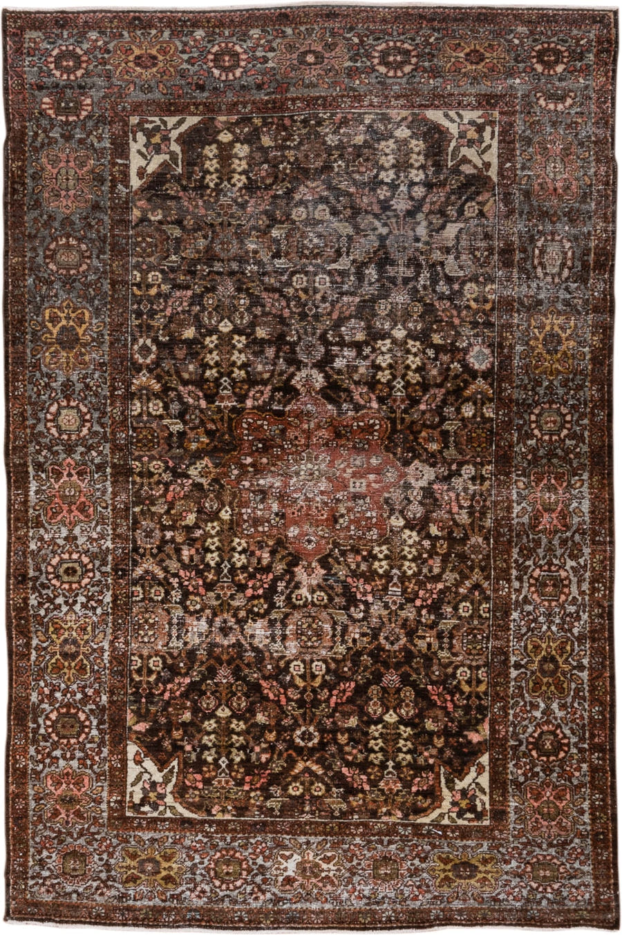 4' x 6' one-of-a-kind handmade antique Far.Sarouk small size rug. Color palette: brown, ivory, rust, slate, rose, gold