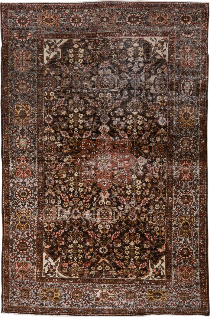 4' x 6' one-of-a-kind handmade antique Far.Sarouk small size rug. Color palette: brown, ivory, rust, slate, rose, gold