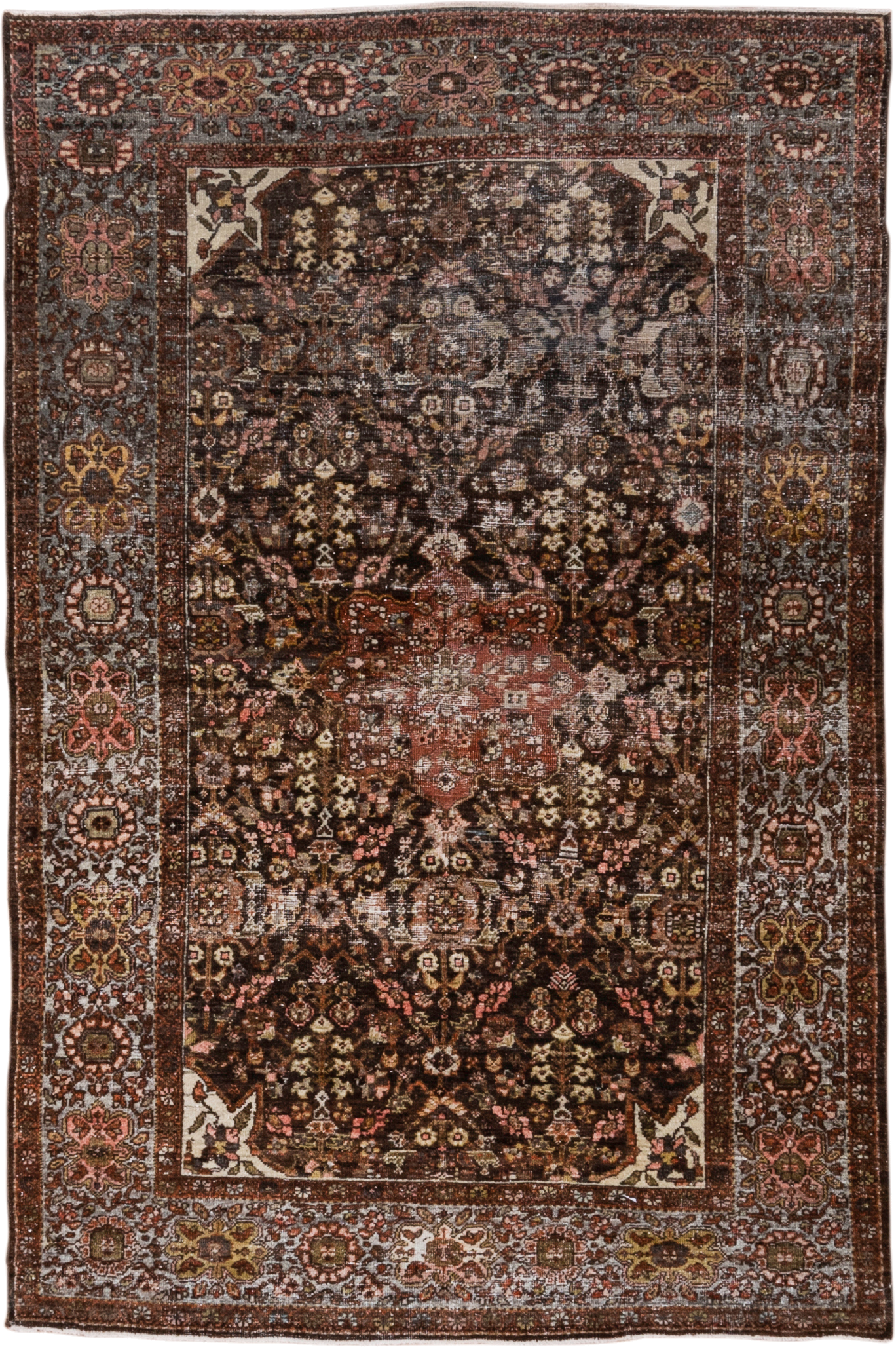 4' x 6' one-of-a-kind handmade antique Far.Sarouk small size rug. Color palette: brown, ivory, rust, slate, rose, gold