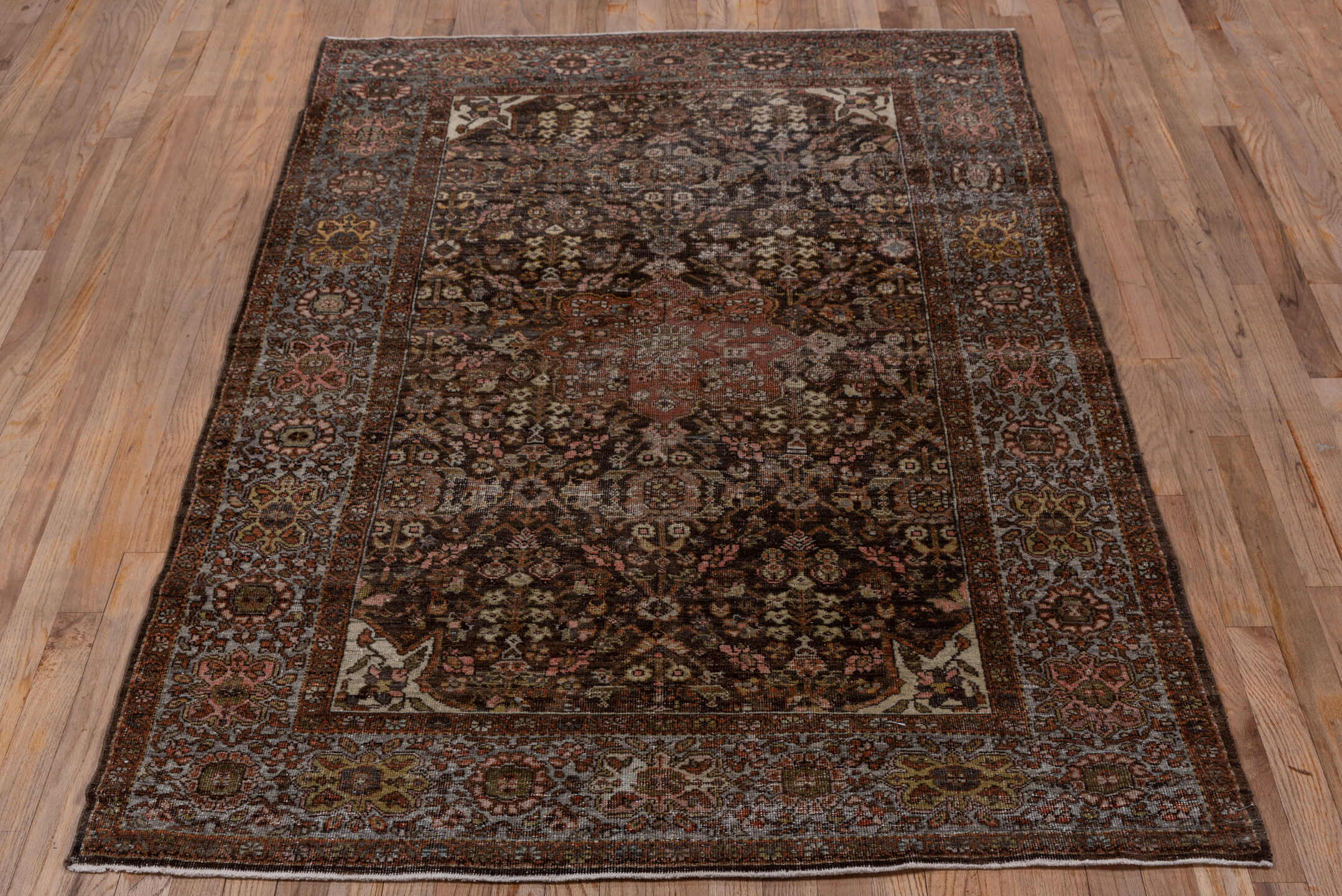 4' x 6' one-of-a-kind handmade antique Far.Sarouk small size rug. Color palette: brown, ivory, rust, slate, rose, gold