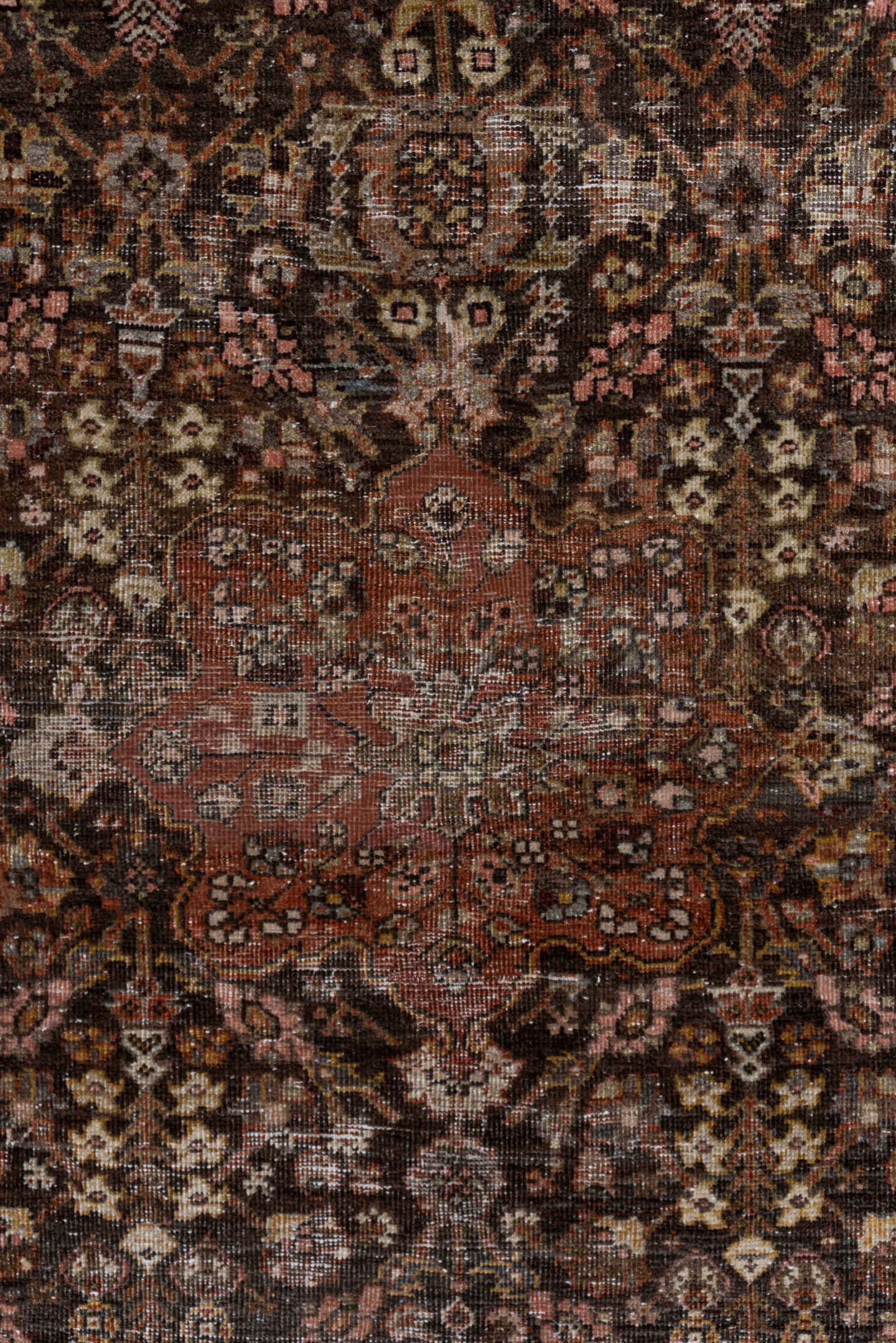 4' x 6' one-of-a-kind handmade antique Far.Sarouk small size rug. Color palette: brown, ivory, rust, slate, rose, gold