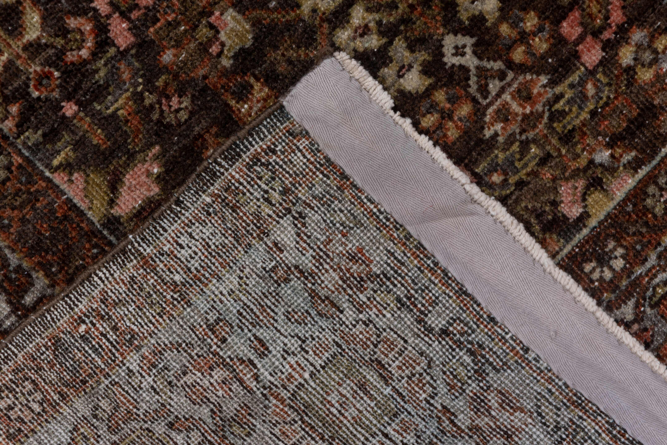 4' x 6' one-of-a-kind handmade antique Far.Sarouk small size rug. Color palette: brown, ivory, rust, slate, rose, gold