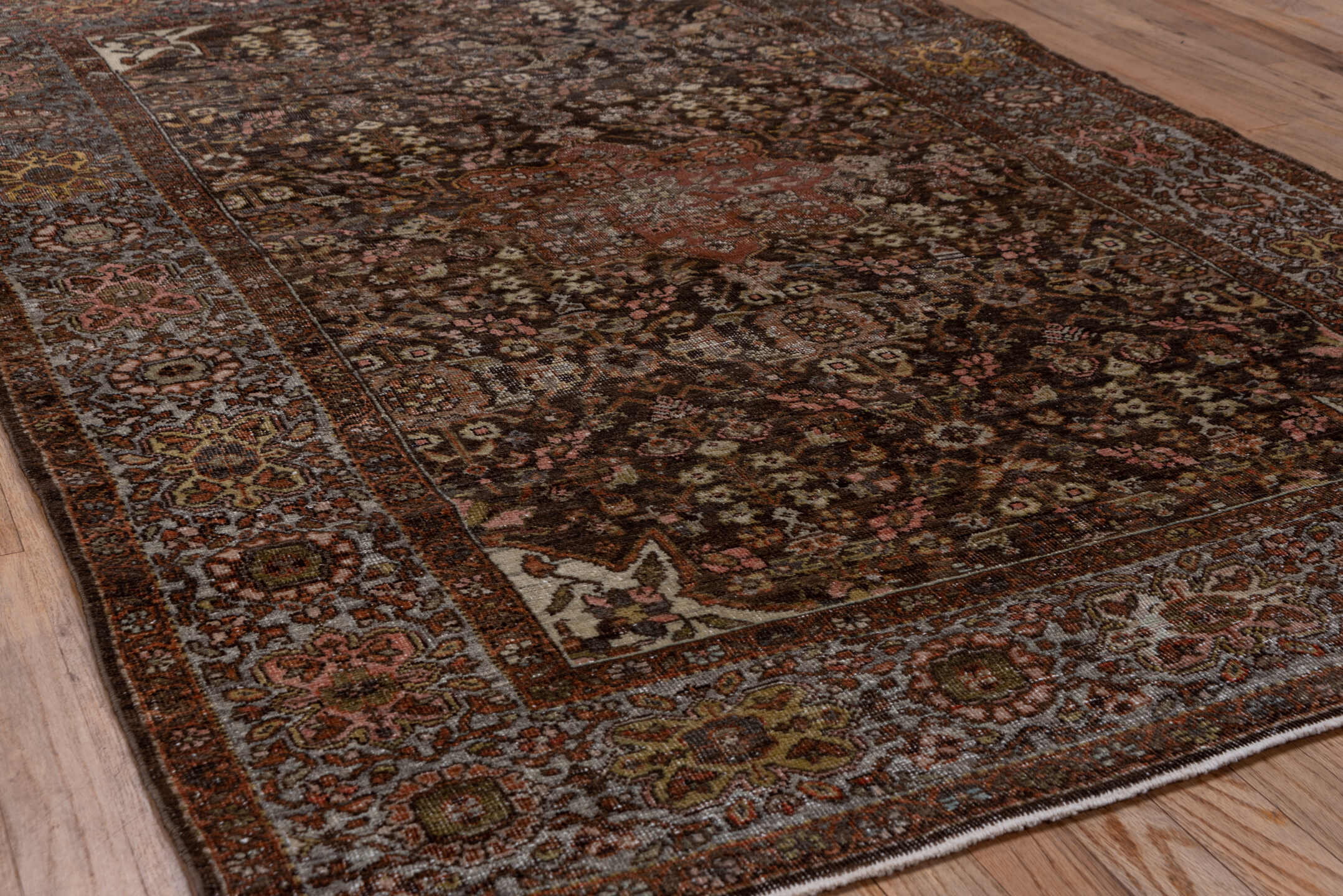 4' x 6' one-of-a-kind handmade antique Far.Sarouk small size rug. Color palette: brown, ivory, rust, slate, rose, gold