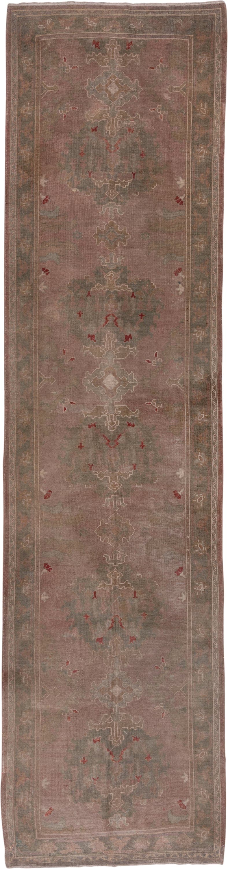 4' x 16' one-of-a-kind handmade antique Oushak runner rug. Color palette: rose, taupe, sage, ivory, rust, brown, pink, red