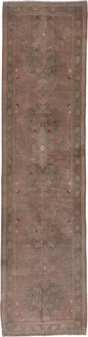 4' x 16' one-of-a-kind handmade antique Oushak runner rug. Color palette: rose, taupe, sage, ivory, rust, brown, pink, red
