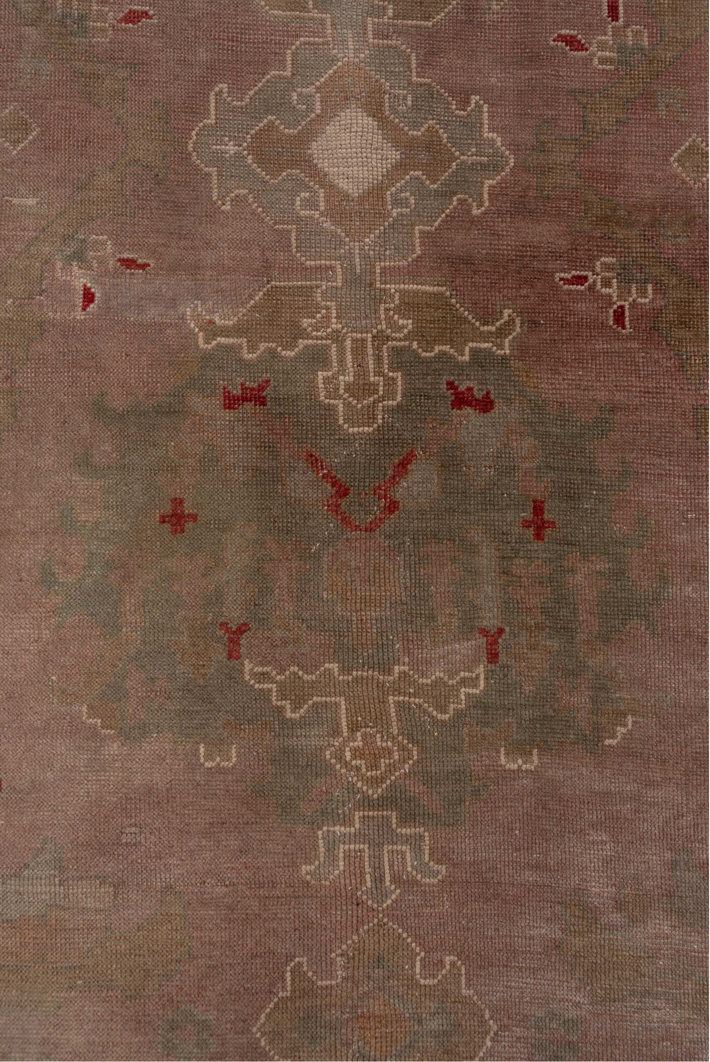 4' x 16' one-of-a-kind handmade antique Oushak runner rug. Color palette: rose, taupe, sage, ivory, rust, brown, pink, red