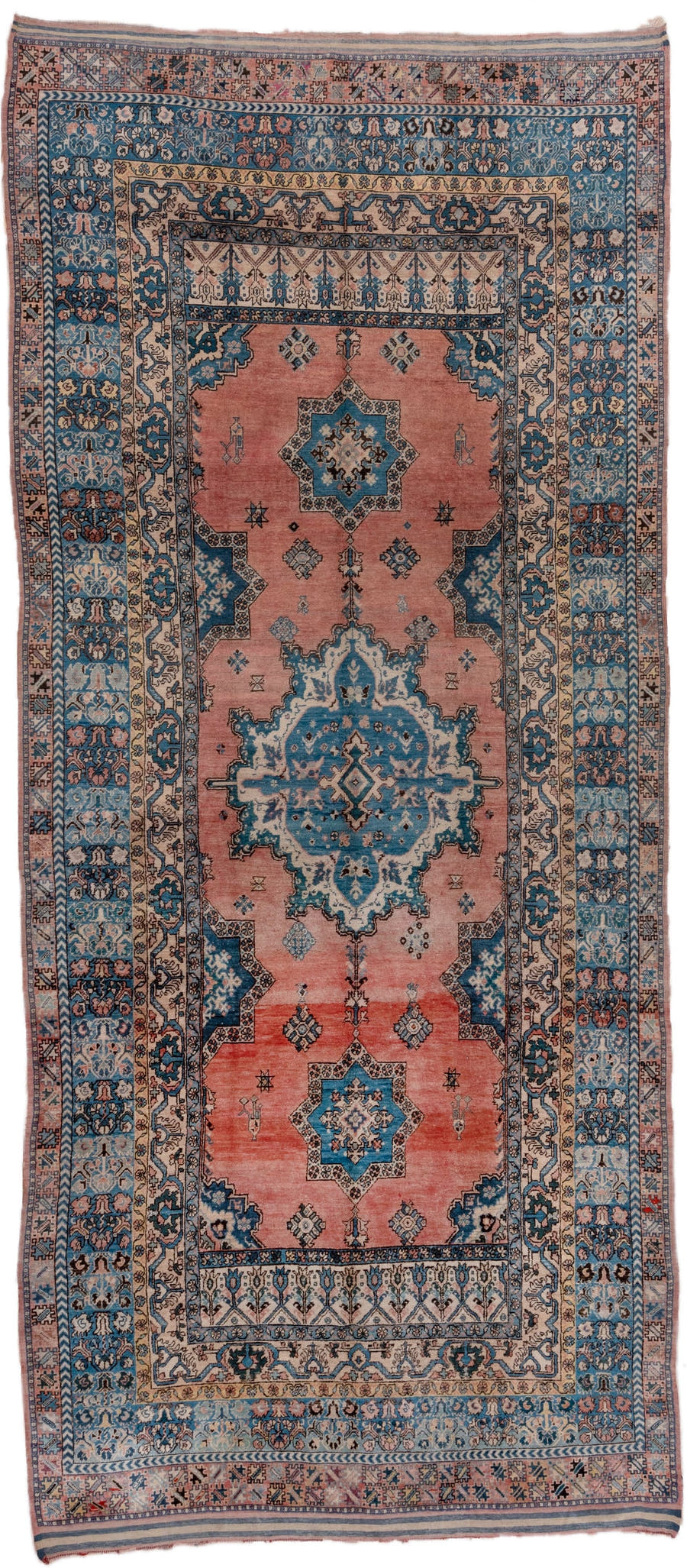 6' x 14' one-of-a-kind handmade antique Moroccan large size rug. Color palette: blue, salmon, ivory, navy, sky_blue, rose