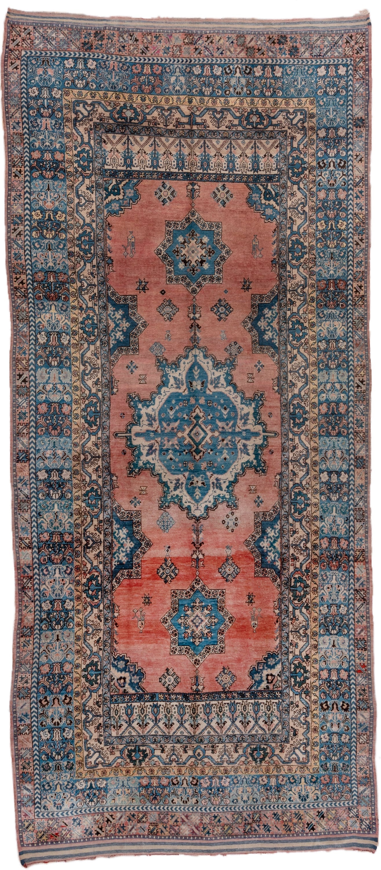 6' x 14' one-of-a-kind handmade antique Moroccan large size rug. Color palette: blue, salmon, ivory, navy, sky_blue, rose