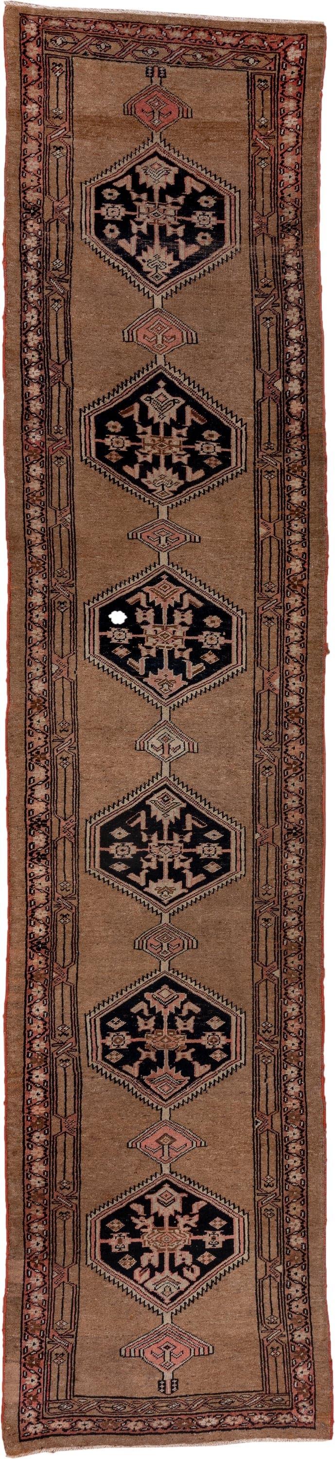 3' x 13' one-of-a-kind handmade antique Sarab runner rug. Color palette: camel, navy, rust, rose, ivory, brown, beige, blue