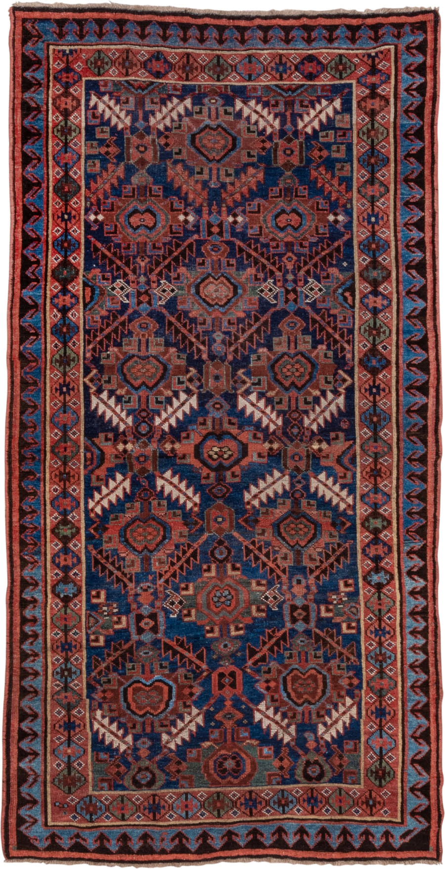 4' x 7' one-of-a-kind handmade antique NW Persian rug. Color palette: indigo, rust, ivory, crimson, slate, camel, charcoal