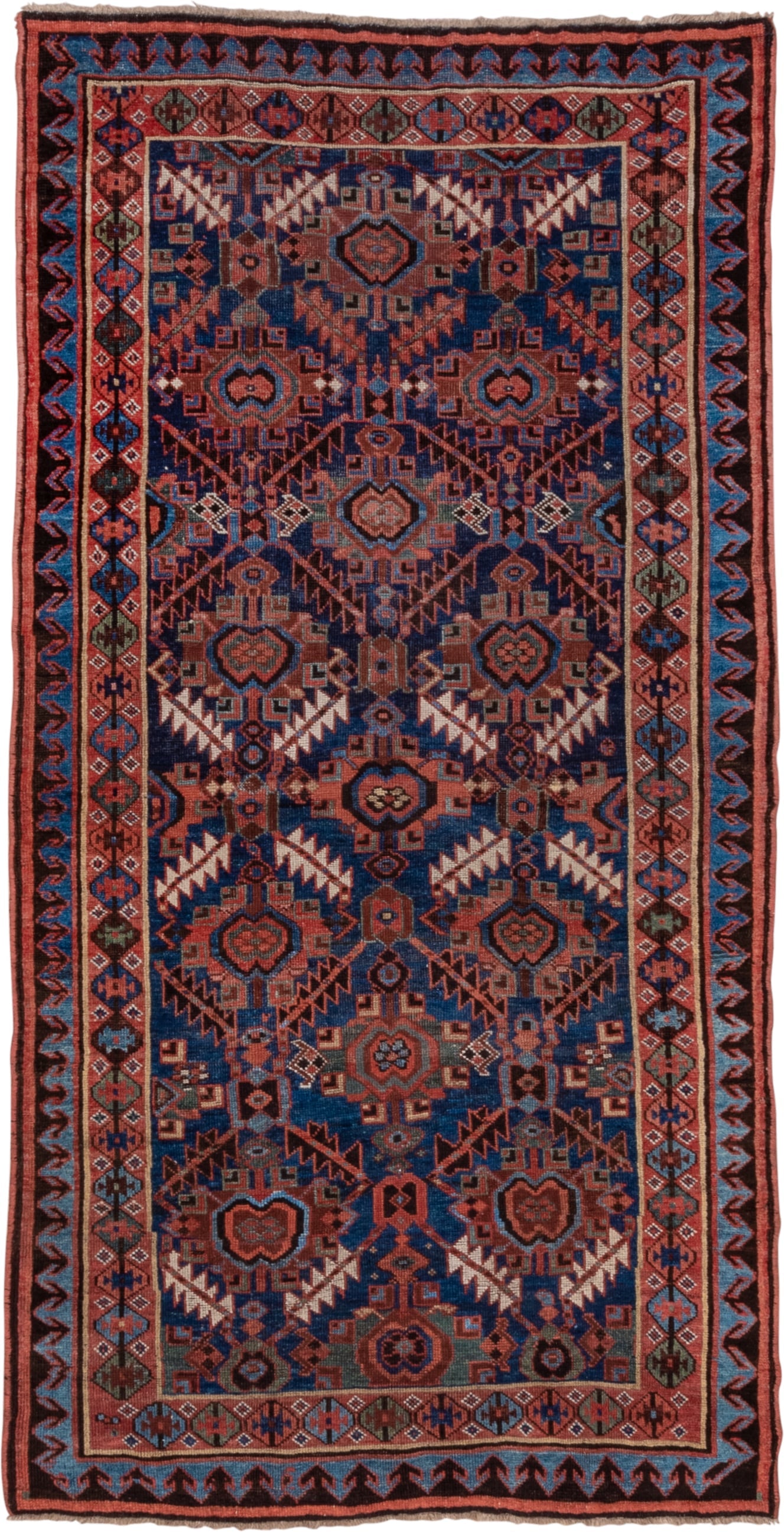 4' x 7' one-of-a-kind handmade antique NW Persian rug. Color palette: indigo, rust, ivory, crimson, slate, camel, charcoal
