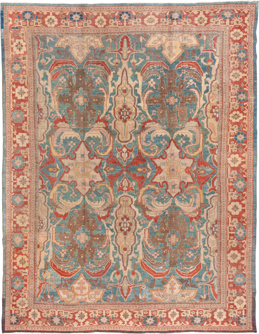 12' x 15' one-of-a-kind handmade antique Sultanabad oversize rug. Color palette: turquoise, terra cotta, ivory, taupe