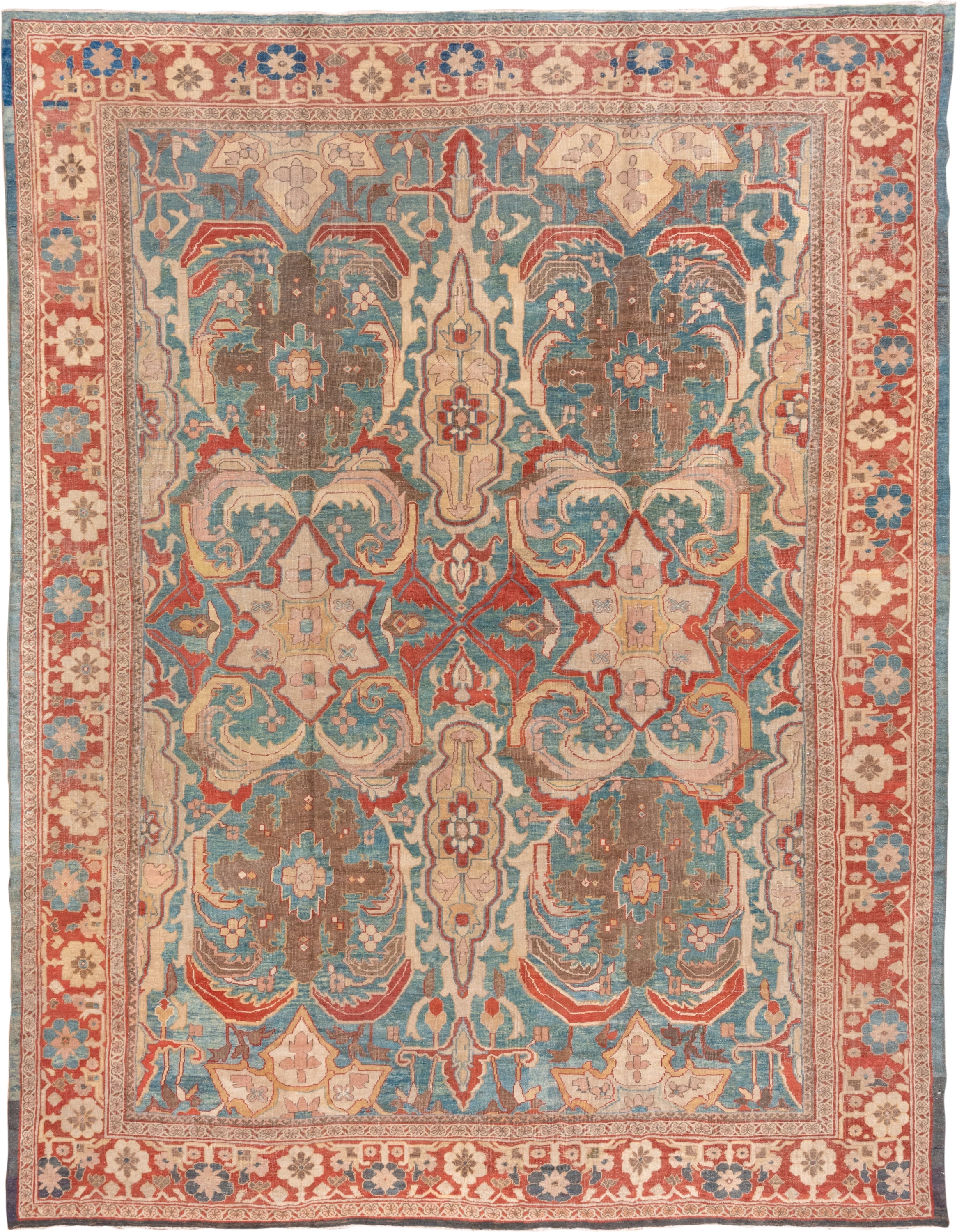 12' x 15' one-of-a-kind handmade antique Sultanabad oversize rug. Color palette: turquoise, terra cotta, ivory, taupe