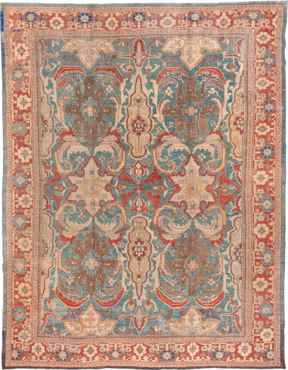 12' x 15' one-of-a-kind handmade vintage Sultanabad oversize rug. Color palette: brown, gray, off-white, orange, pink, red
