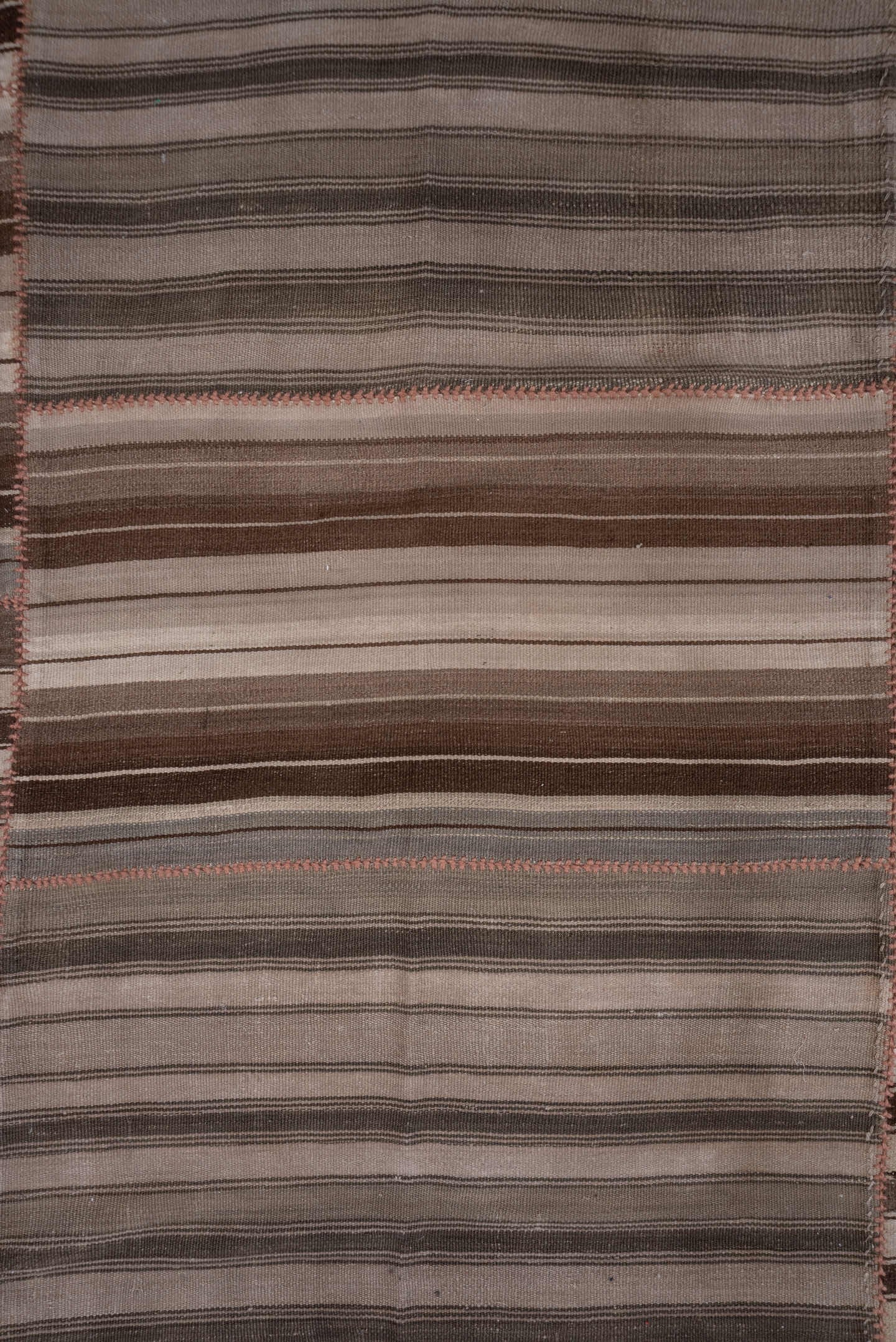 7' x 13' one-of-a-kind handmade antique Kilim large size rug. Color palette: taupe, brown, ivory, gray, charcoal, rose