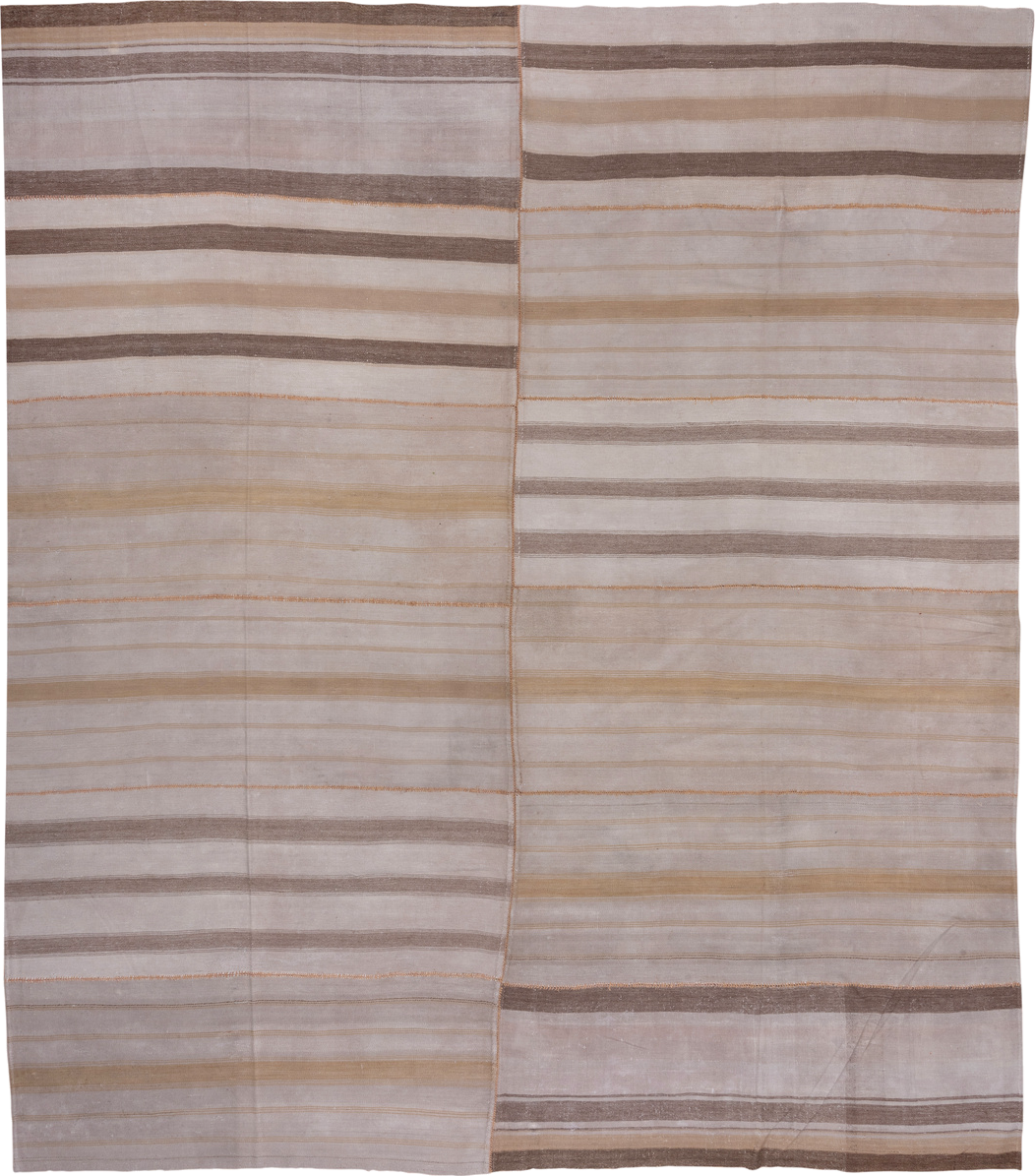 12' x 14' one-of-a-kind handmade antique Flatweave oversize rug. Color palette: ivory, taupe, camel, brown, beige, gray