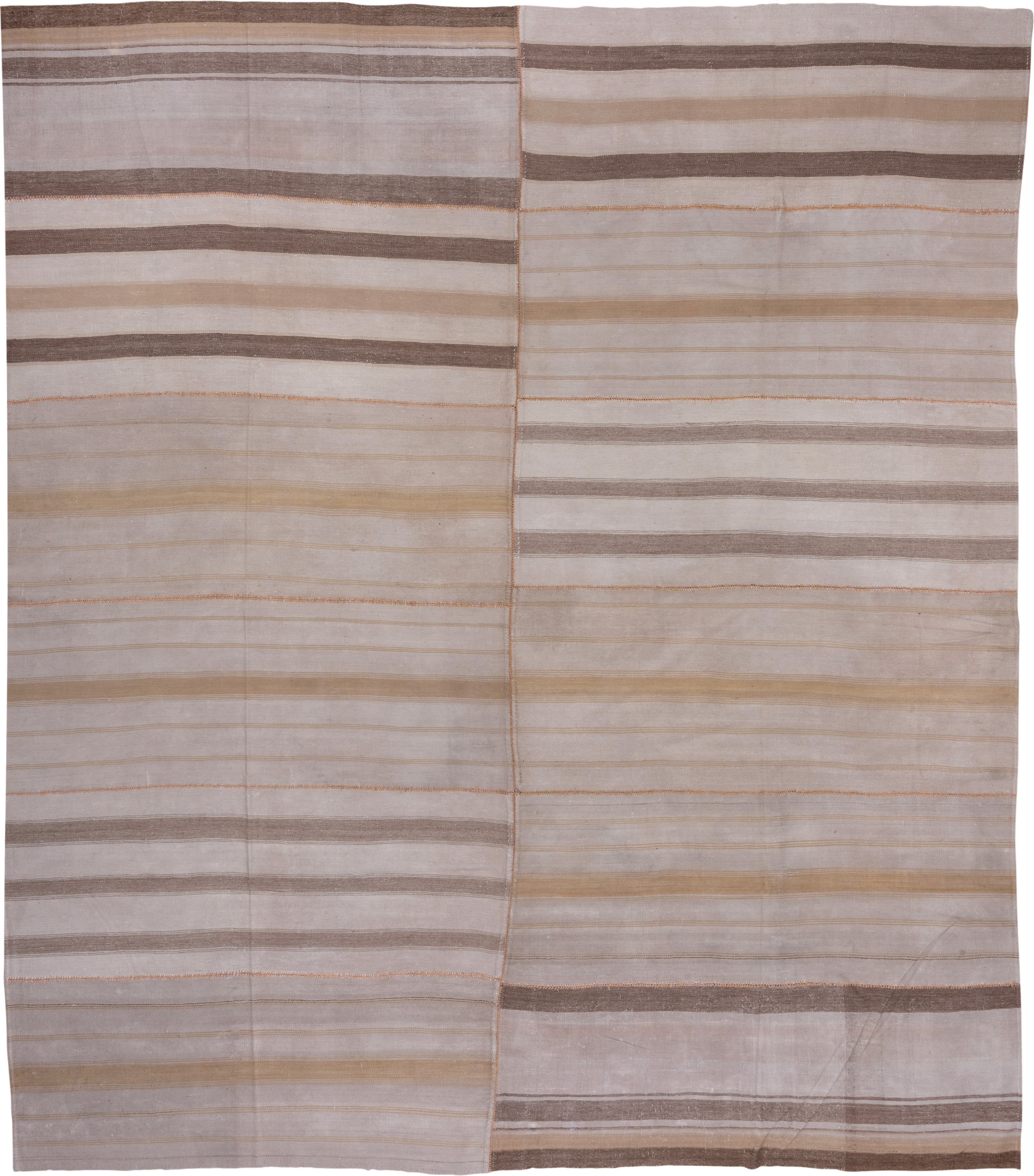 12' x 14' one-of-a-kind handmade antique Flatweave oversize rug. Color palette: ivory, taupe, camel, brown, beige, gray