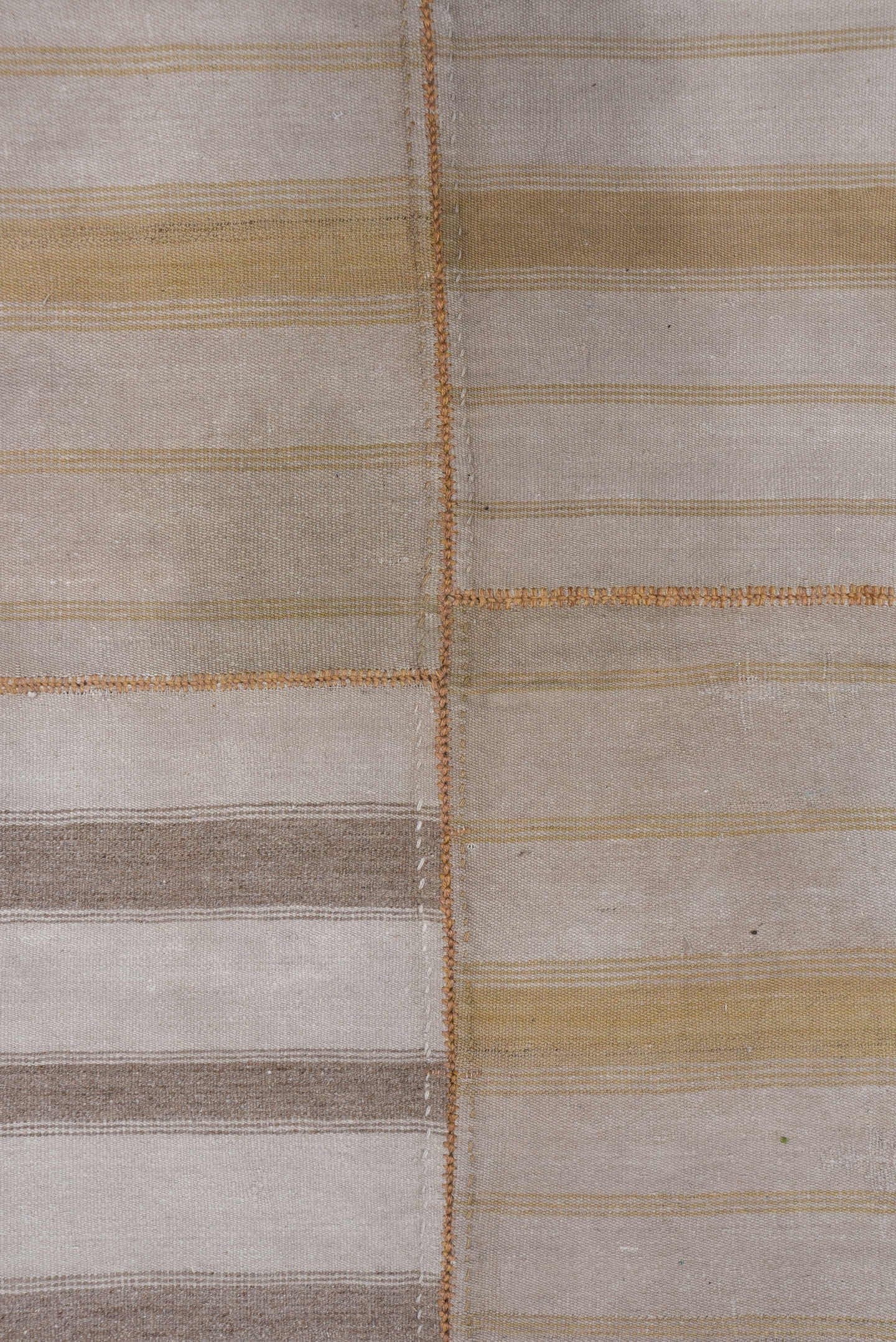 12' x 14' one-of-a-kind handmade antique Flatweave oversize rug. Color palette: ivory, taupe, camel, brown, beige, gray