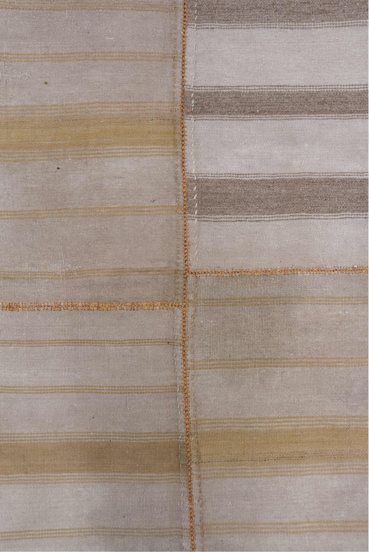 12' x 14' one-of-a-kind handmade antique Flatweave oversize rug. Color palette: ivory, taupe, camel, brown, beige, gray