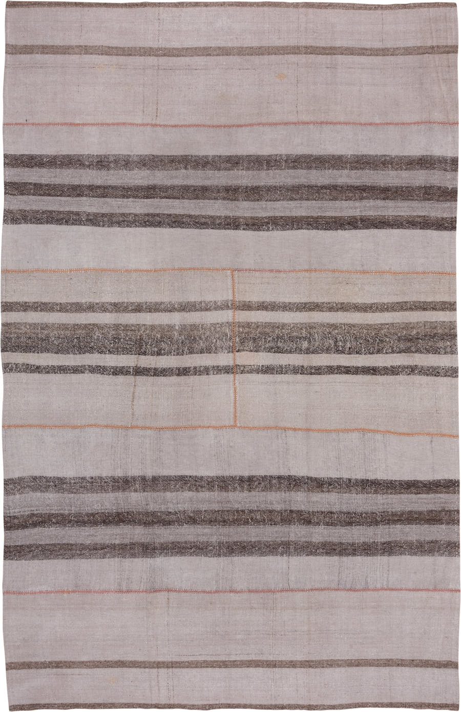 8' x 13' one-of-a-kind handmade vintage Kilim large size rug. Color palette: ivory, taupe, charcoal, coral, beige, gray