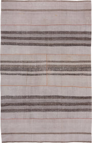 8' x 13' one-of-a-kind handmade vintage Kilim large size rug. Color palette: ivory, taupe, charcoal, coral, beige, gray