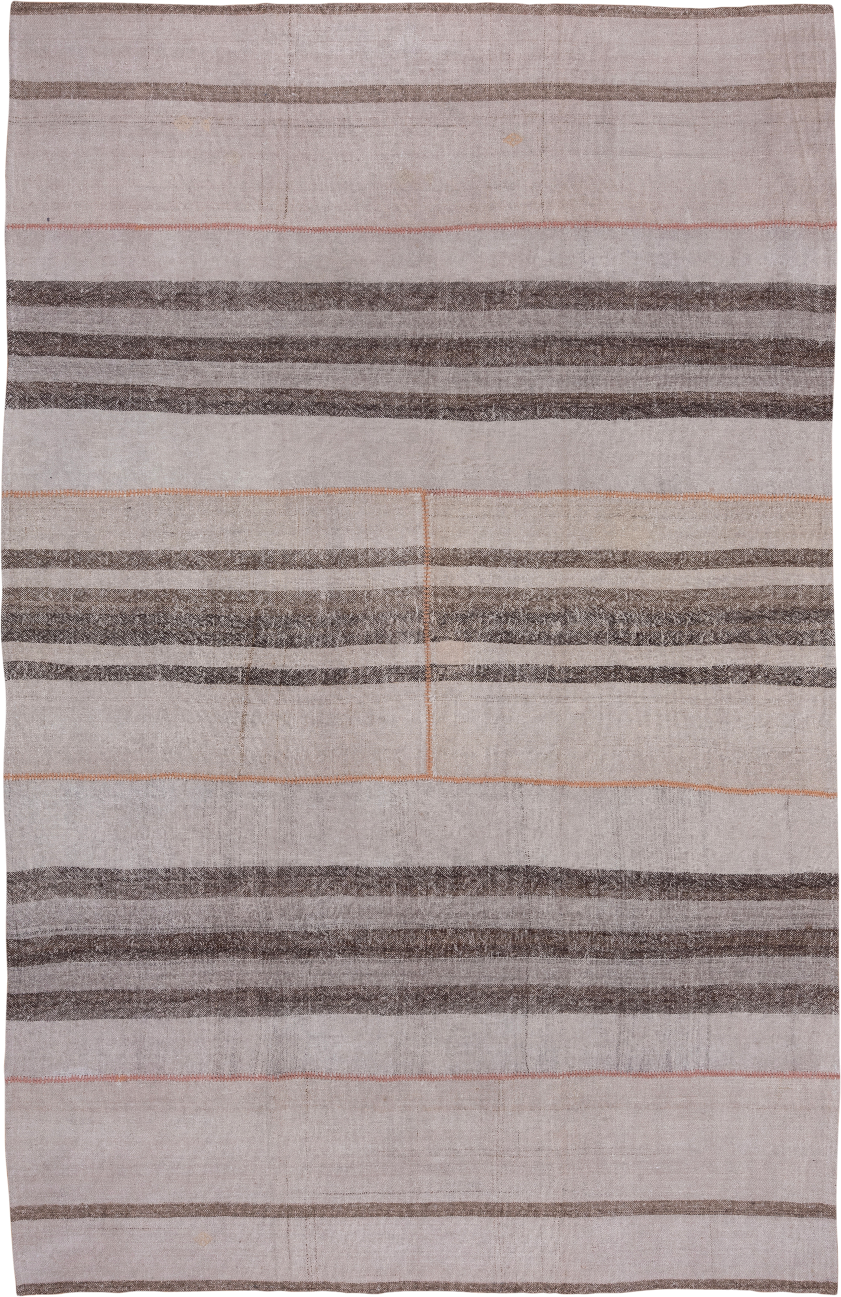 8' x 13' one-of-a-kind handmade vintage Kilim large size rug. Color palette: ivory, taupe, charcoal, coral, beige, gray