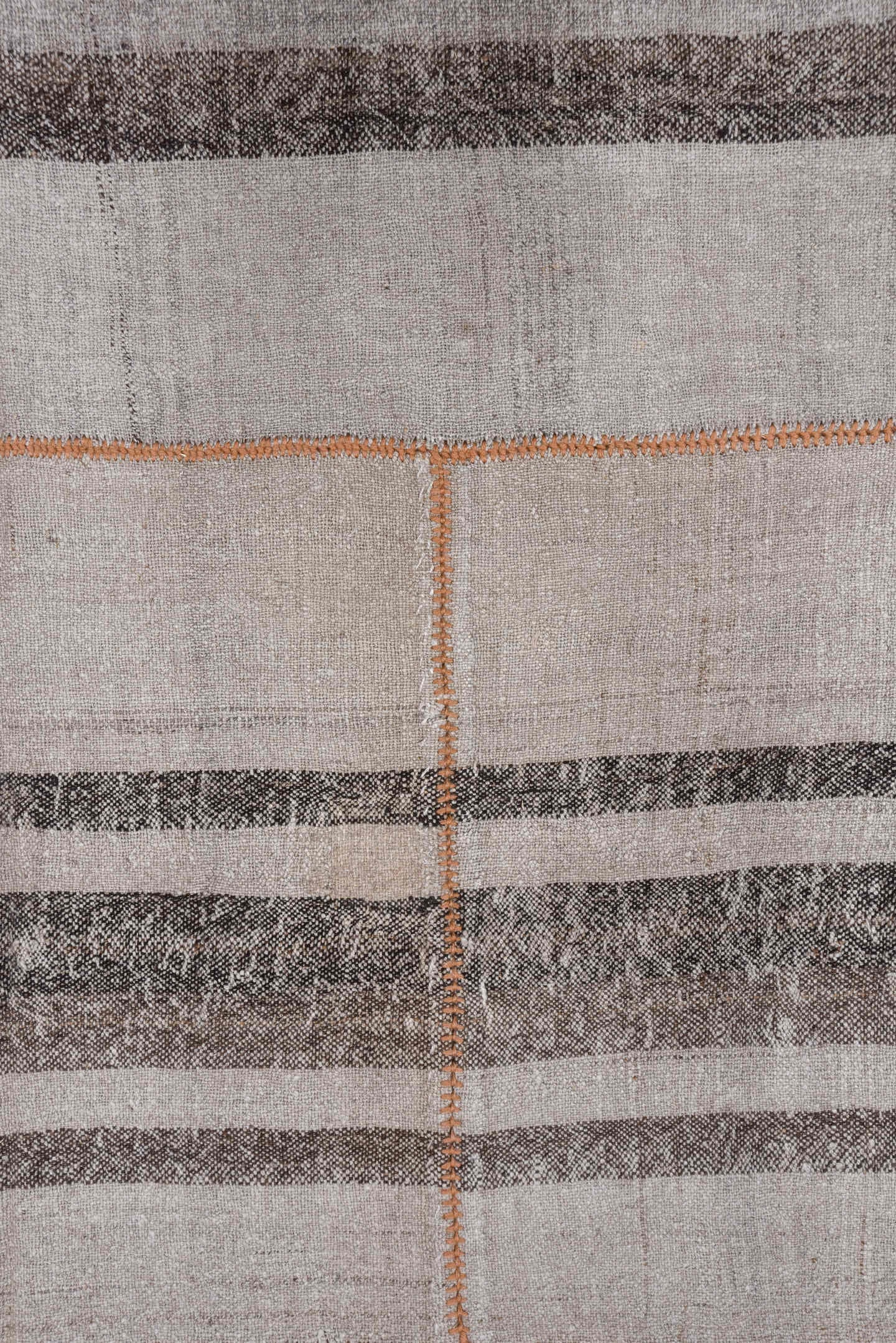 8' x 13' one-of-a-kind handmade vintage Kilim large size rug. Color palette: ivory, taupe, charcoal, coral, beige, gray
