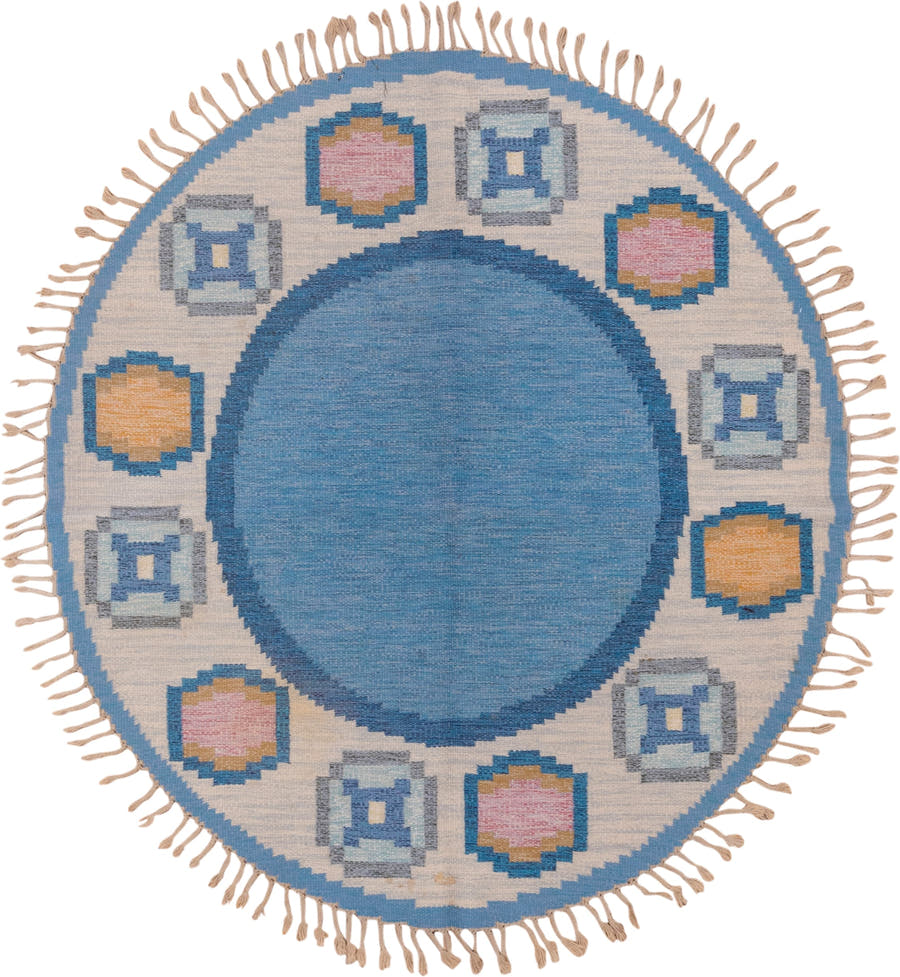 6' x 6' one-of-a-kind handmade vintage Rollaken rug. Color palette: sky blue, ivory, slate, blush, gold, camel, light blue