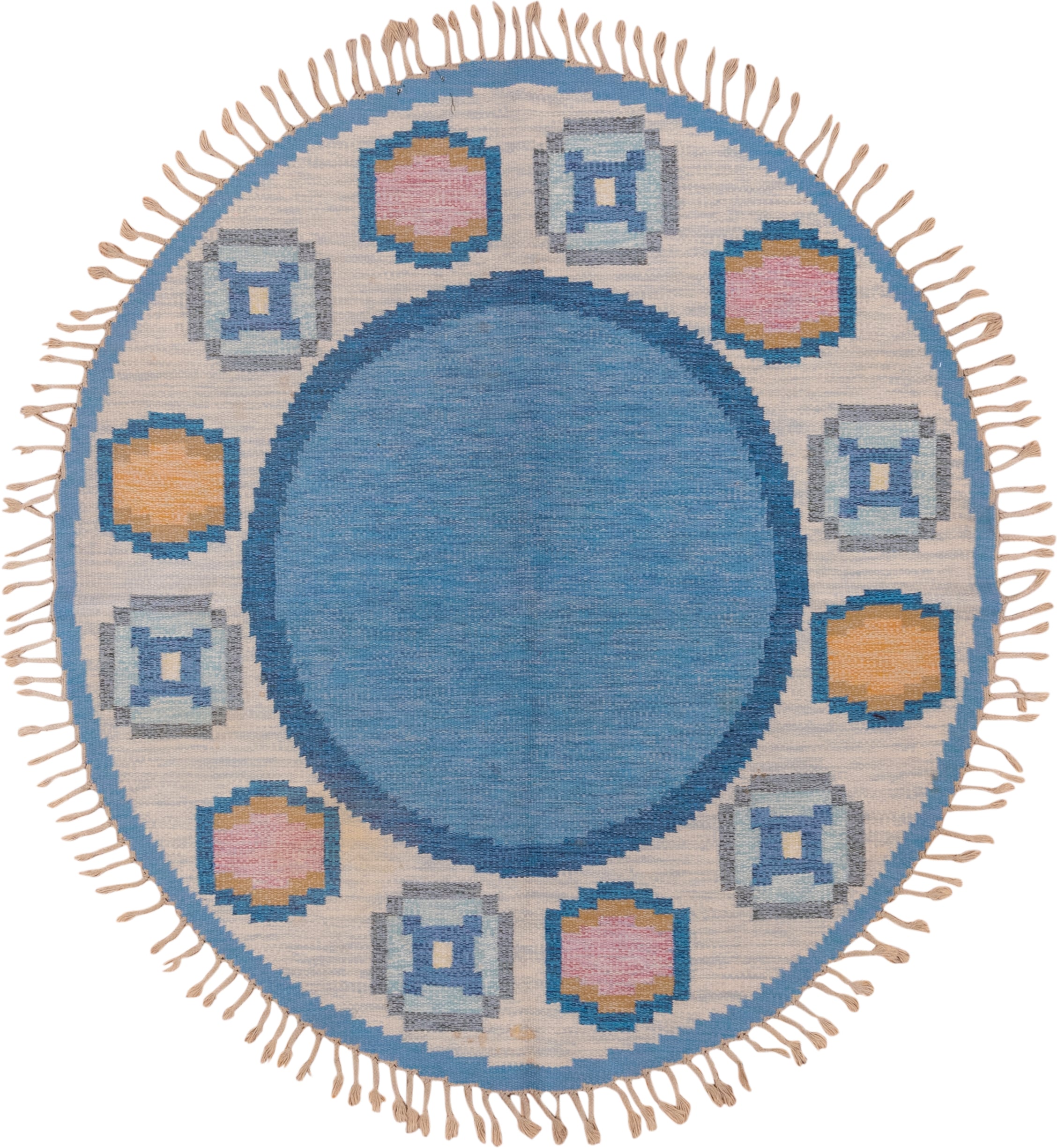 6' x 6' one-of-a-kind handmade vintage Rollaken rug. Color palette: sky blue, ivory, slate, blush, gold, camel, light blue