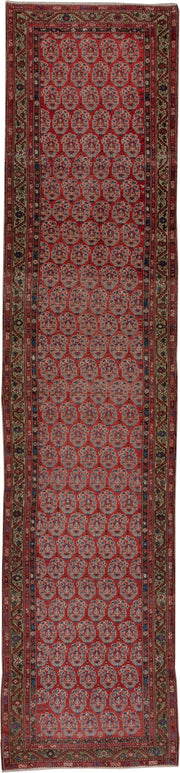 3' x 15' one-of-a-kind handmade antique Malayer runner rug. Color palette: rust, indigo, ivory, olive, burgundy, camel, navy