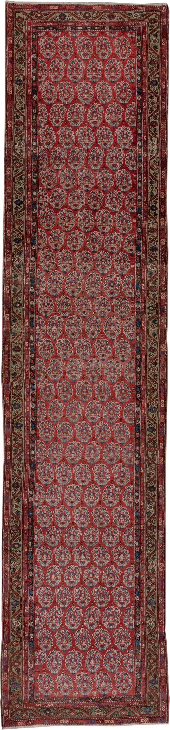 3' x 15' one-of-a-kind handmade antique Malayer runner rug. Color palette: rust, indigo, ivory, olive, burgundy, camel, navy