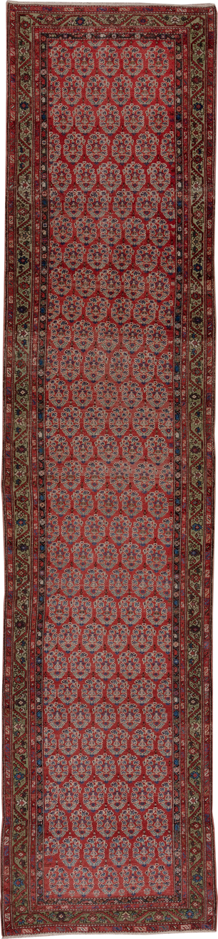 3' x 15' one-of-a-kind handmade antique Malayer runner rug. Color palette: rust, indigo, ivory, olive, burgundy, camel, navy