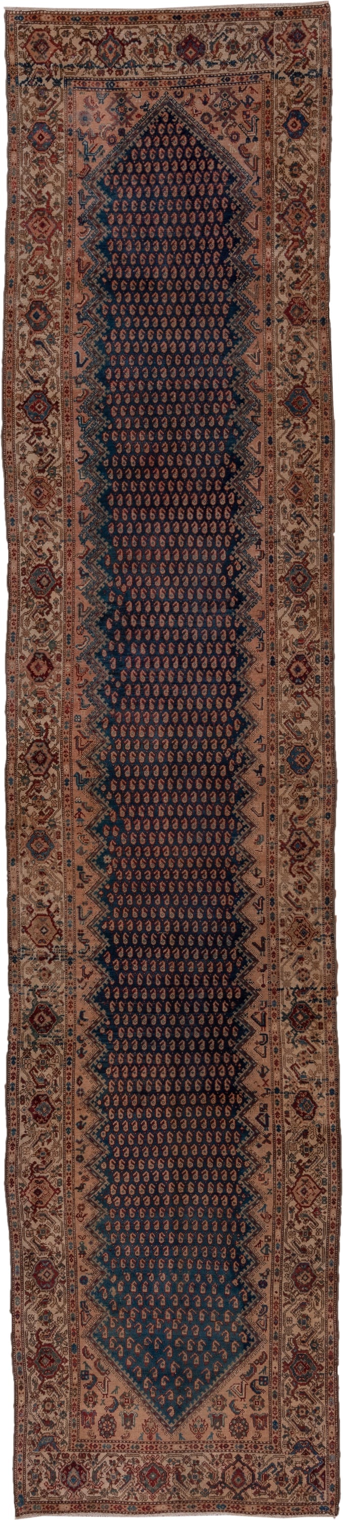 3' x 16' one-of-a-kind handmade antique Malayer runner rug. Color palette: navy, ivory, rust, camel, indigo, burgundy, taupe