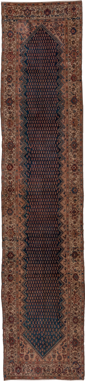 3' x 16' one-of-a-kind handmade antique Malayer runner rug. Color palette: navy, ivory, rust, camel, indigo, burgundy, taupe