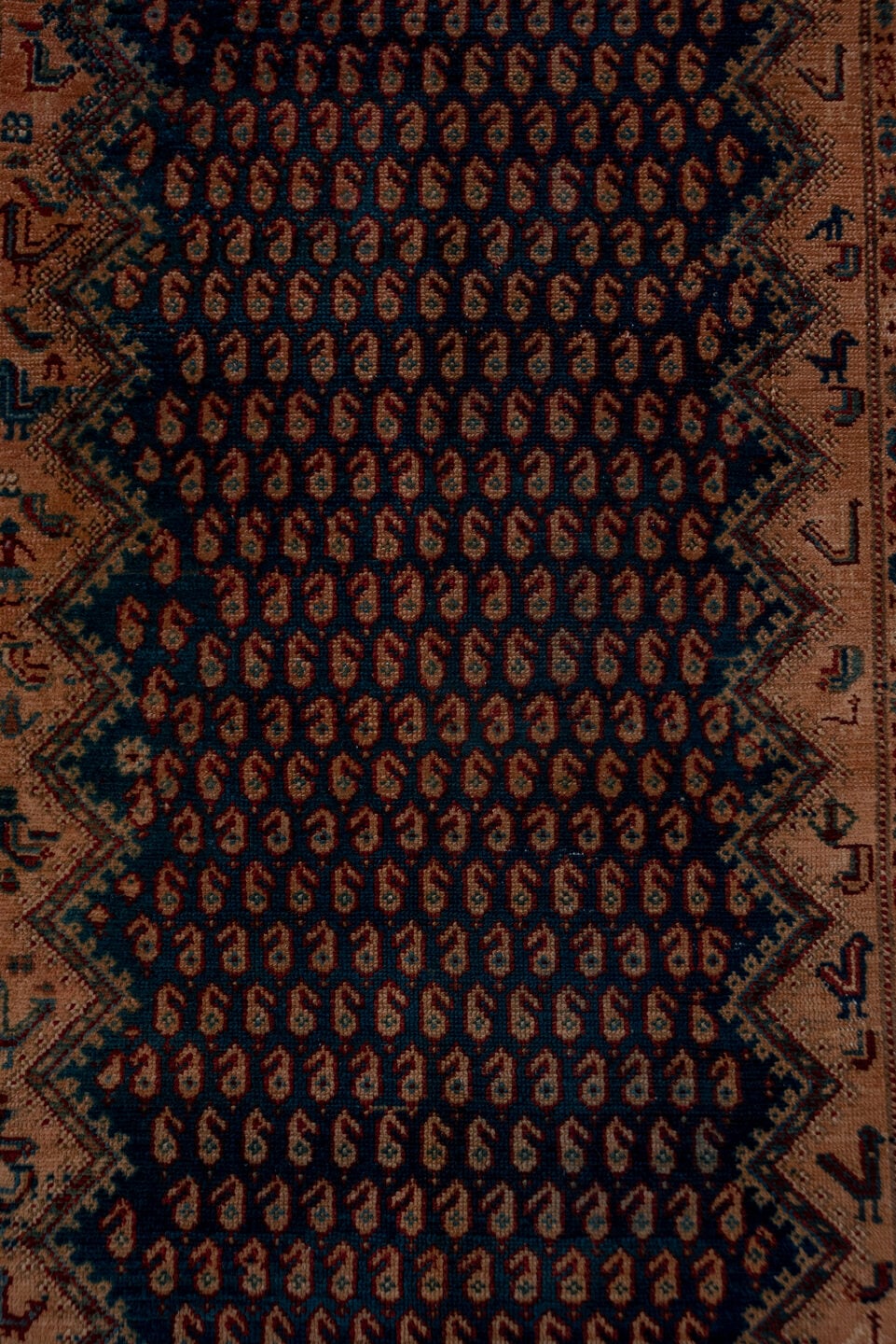 3' x 16' one-of-a-kind handmade antique Malayer runner rug. Color palette: navy, ivory, rust, camel, indigo, burgundy, taupe