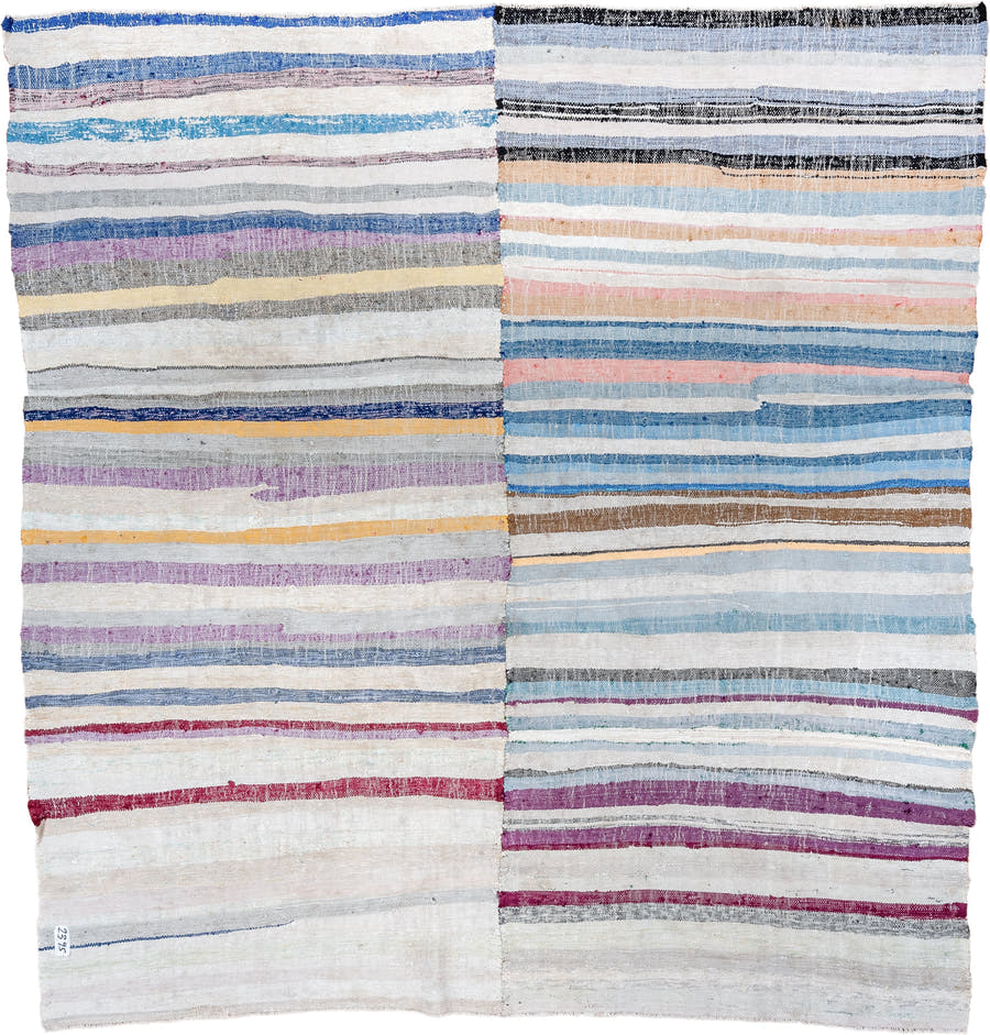 7' x 8' one-of-a-kind handmade antique Tabriz rug. Color palette: ivory, sky blue, slate, lavender, indigo, blush, saffron