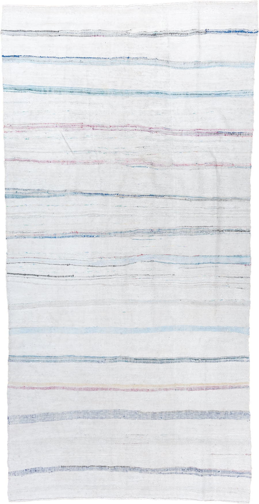 5' x 10' one-of-a-kind handmade vintage Rag Rug medium size rug. Color palette: ivory, pale blue, sky blue, charcoal, blush