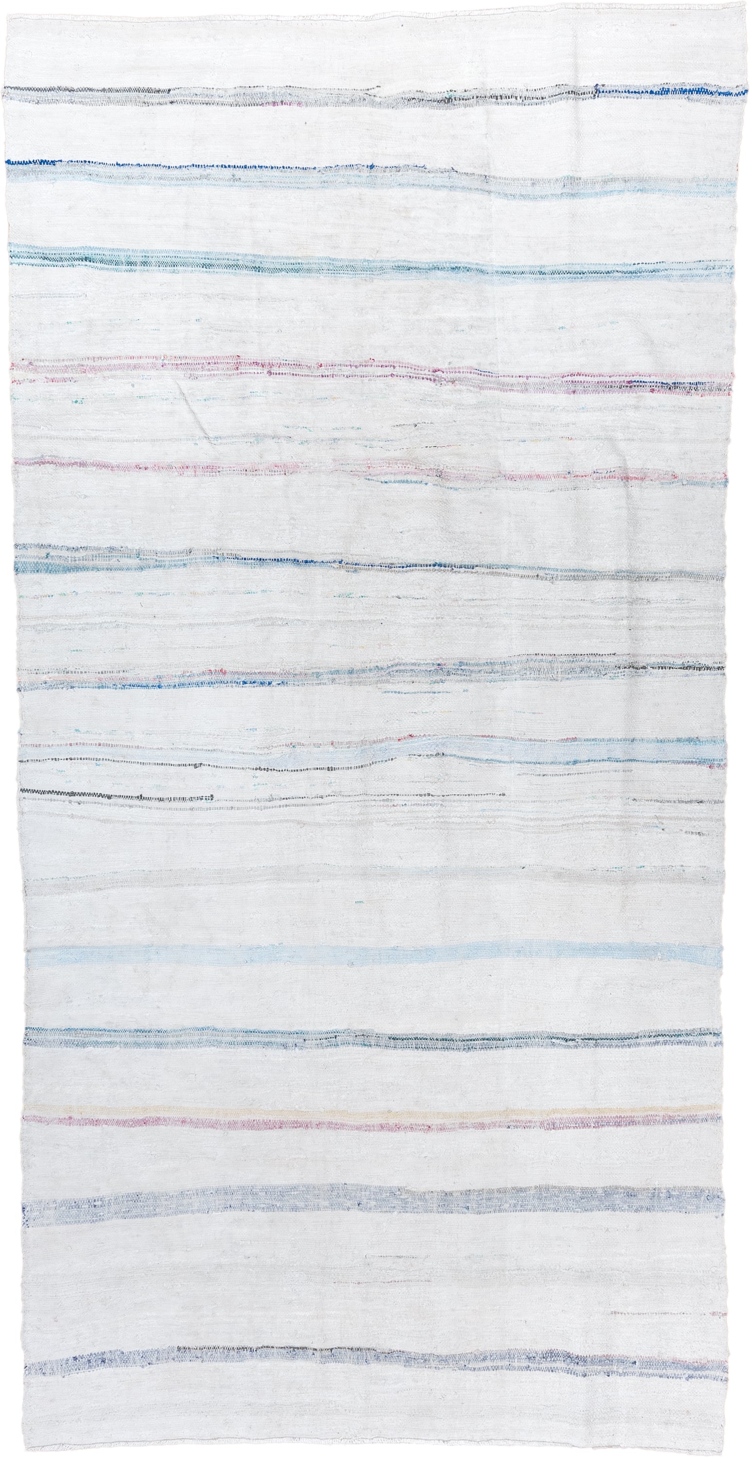 5' x 10' one-of-a-kind handmade vintage Rag Rug medium size rug. Color palette: ivory, pale blue, sky blue, charcoal, blush