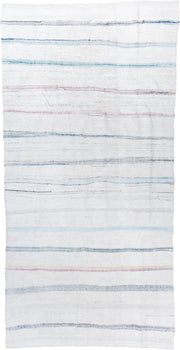 5' x 10' one-of-a-kind handmade vintage Rag Rug medium size rug. Color palette: ivory, pale blue, sky blue, charcoal, blush