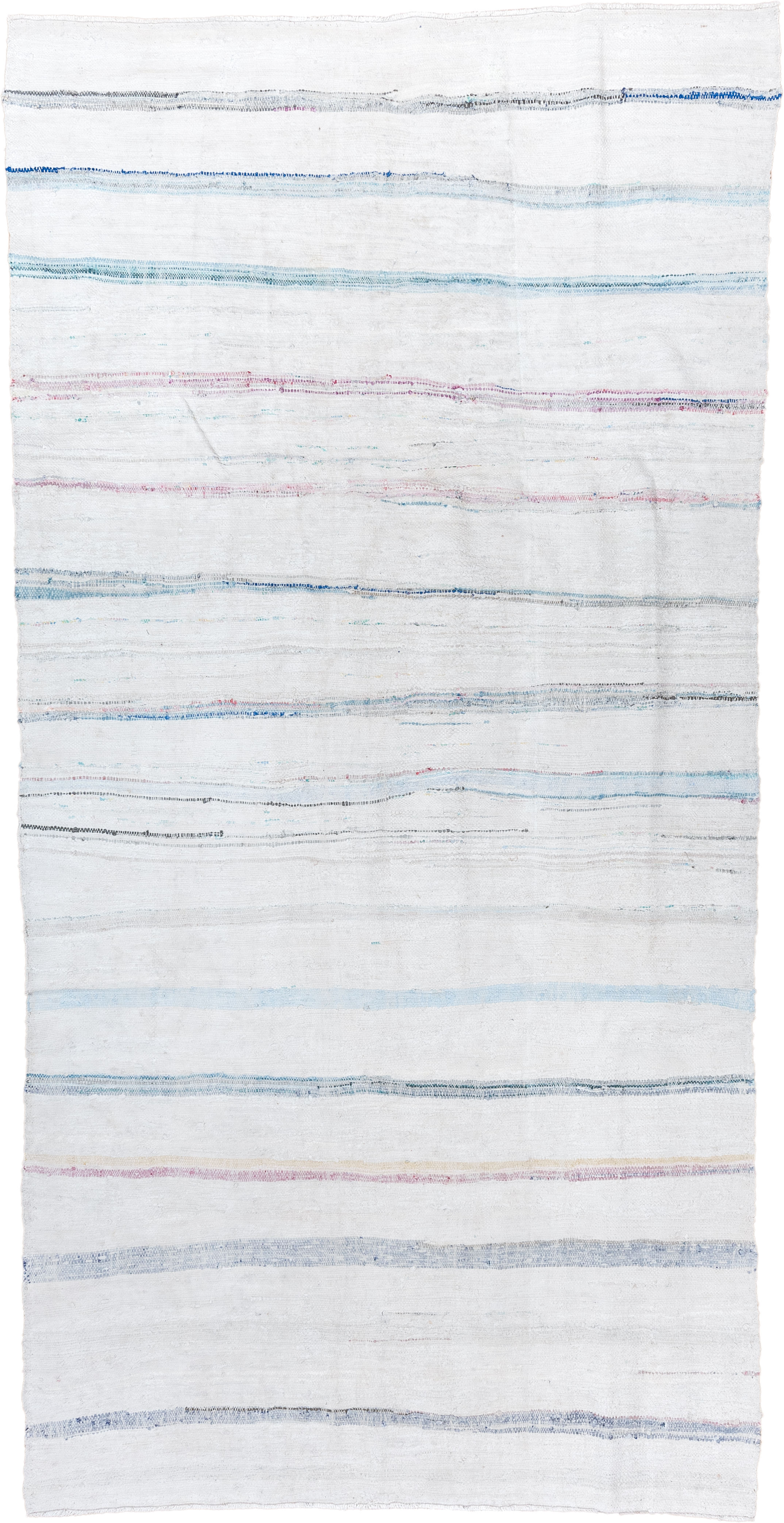 5' x 10' one-of-a-kind handmade vintage Rag Rug medium size rug. Color palette: ivory, pale blue, sky blue, charcoal, blush