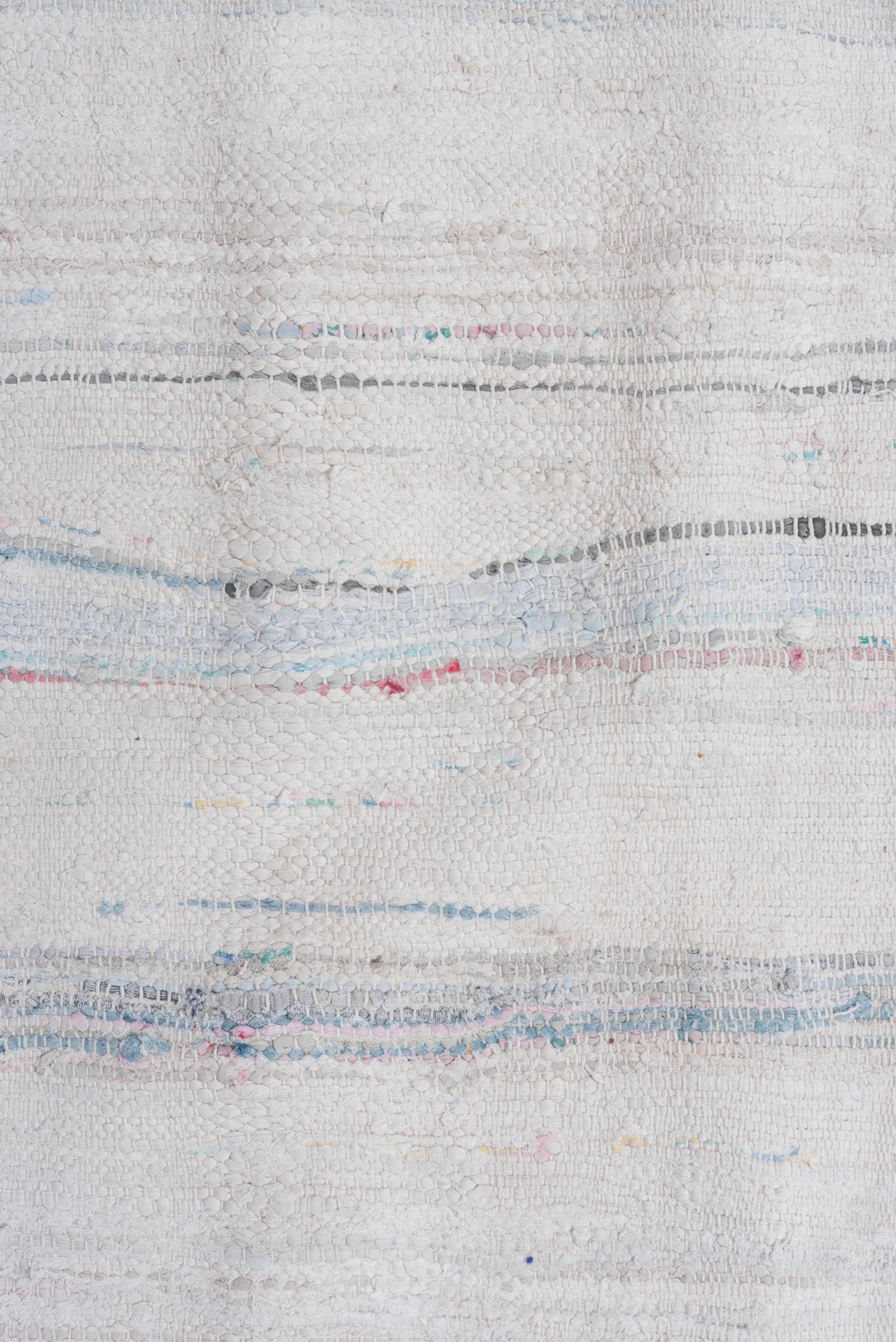 5' x 10' one-of-a-kind handmade vintage Rag Rug medium size rug. Color palette: ivory, pale blue, sky blue, charcoal, blush